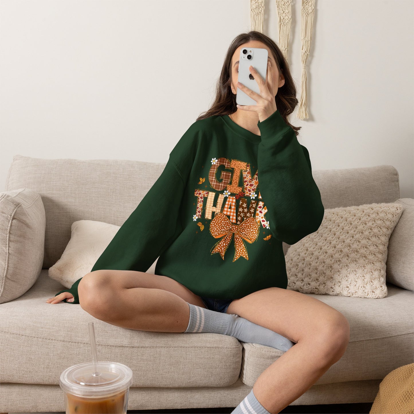 Give Thanks Crewneck Sweatshirt — Autumn Plaid Thanksgiving Pullover