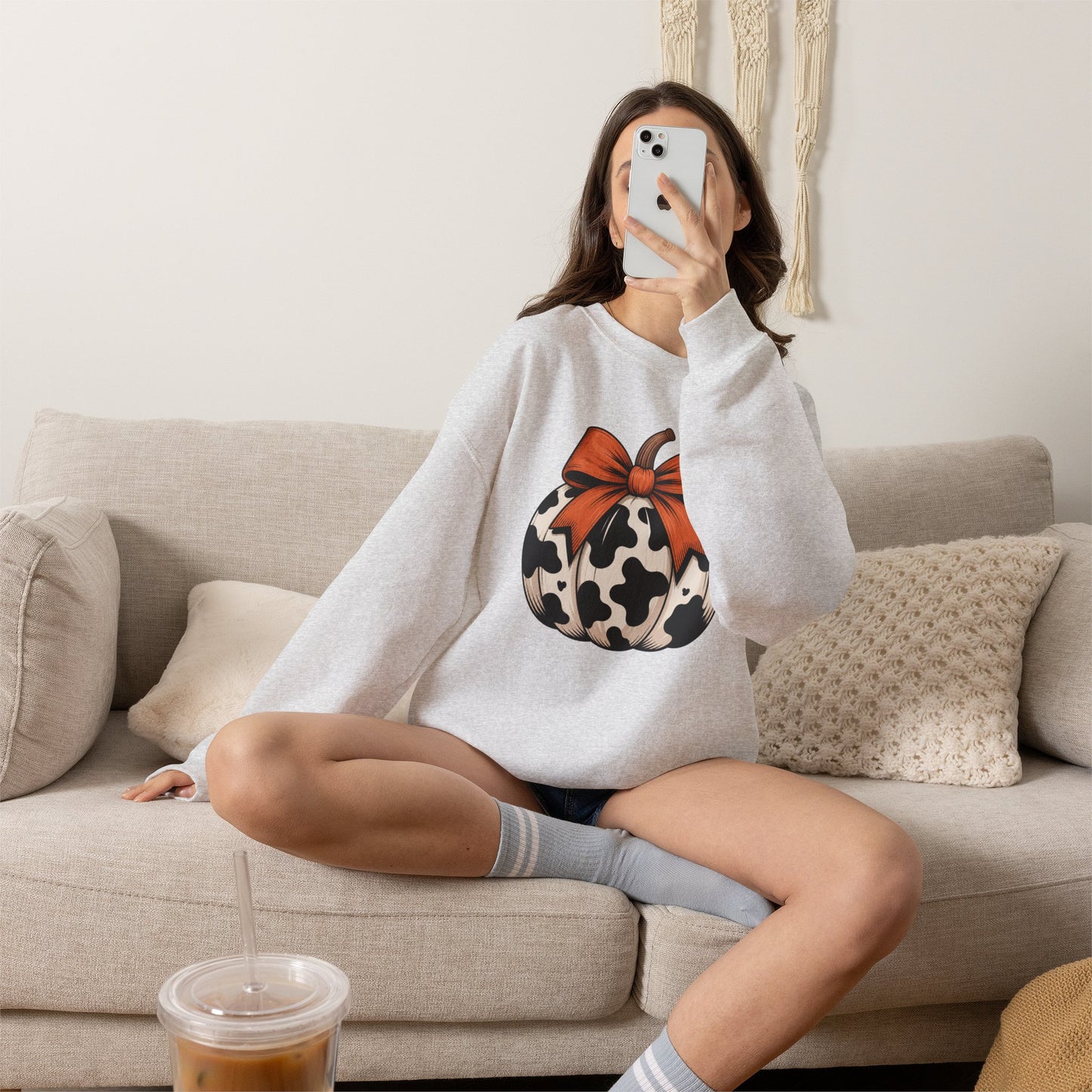 Cow print Pumpkin Sweatshirt — Halloween Fall Crewneck with Orange Bow