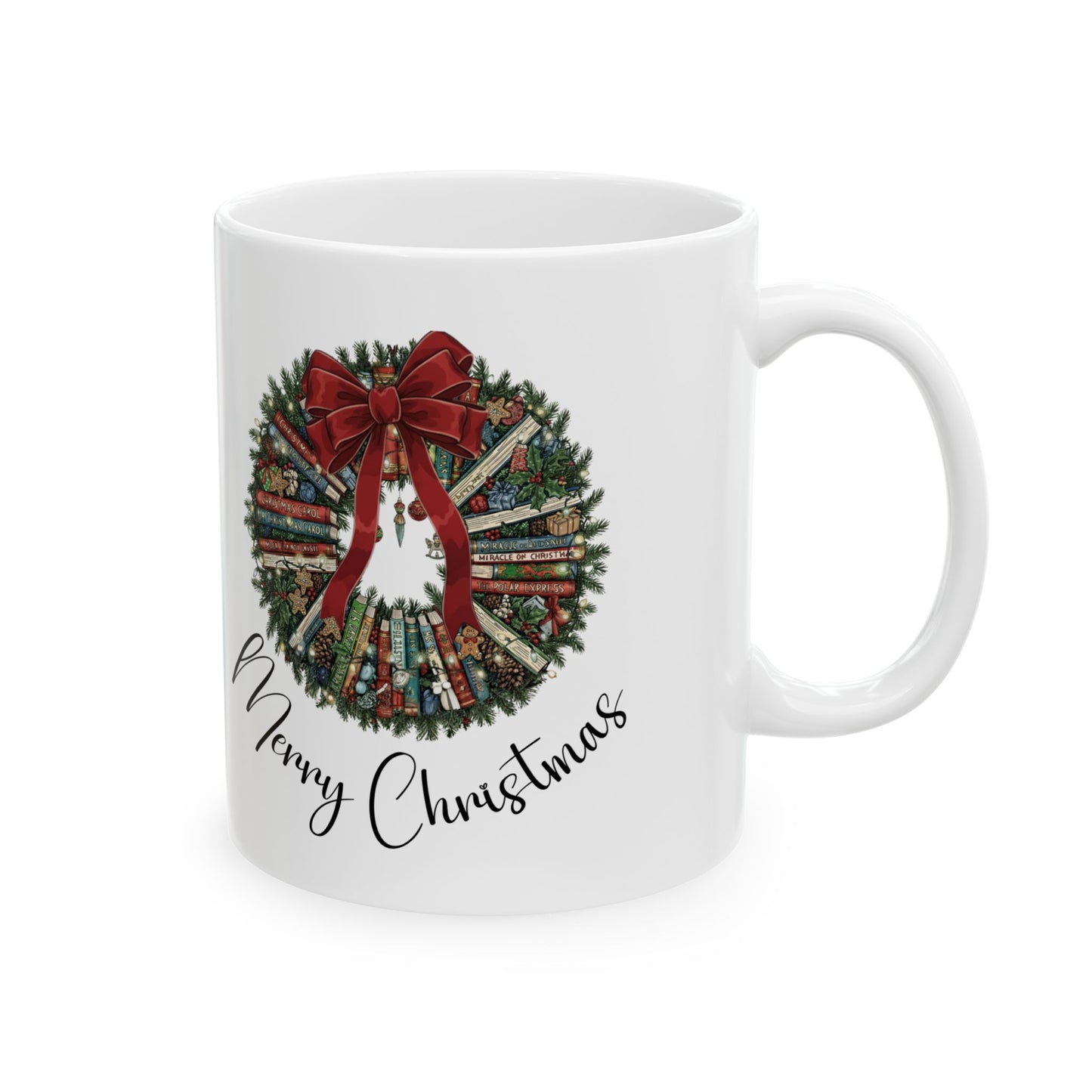 Christmas Book Wreath Mug | Merry Christmas Wreath Design | Holiday Gift, Booktok, Seasonal Decor, Coffee Lover, Hot Cocoa Cup, Warm Wishes