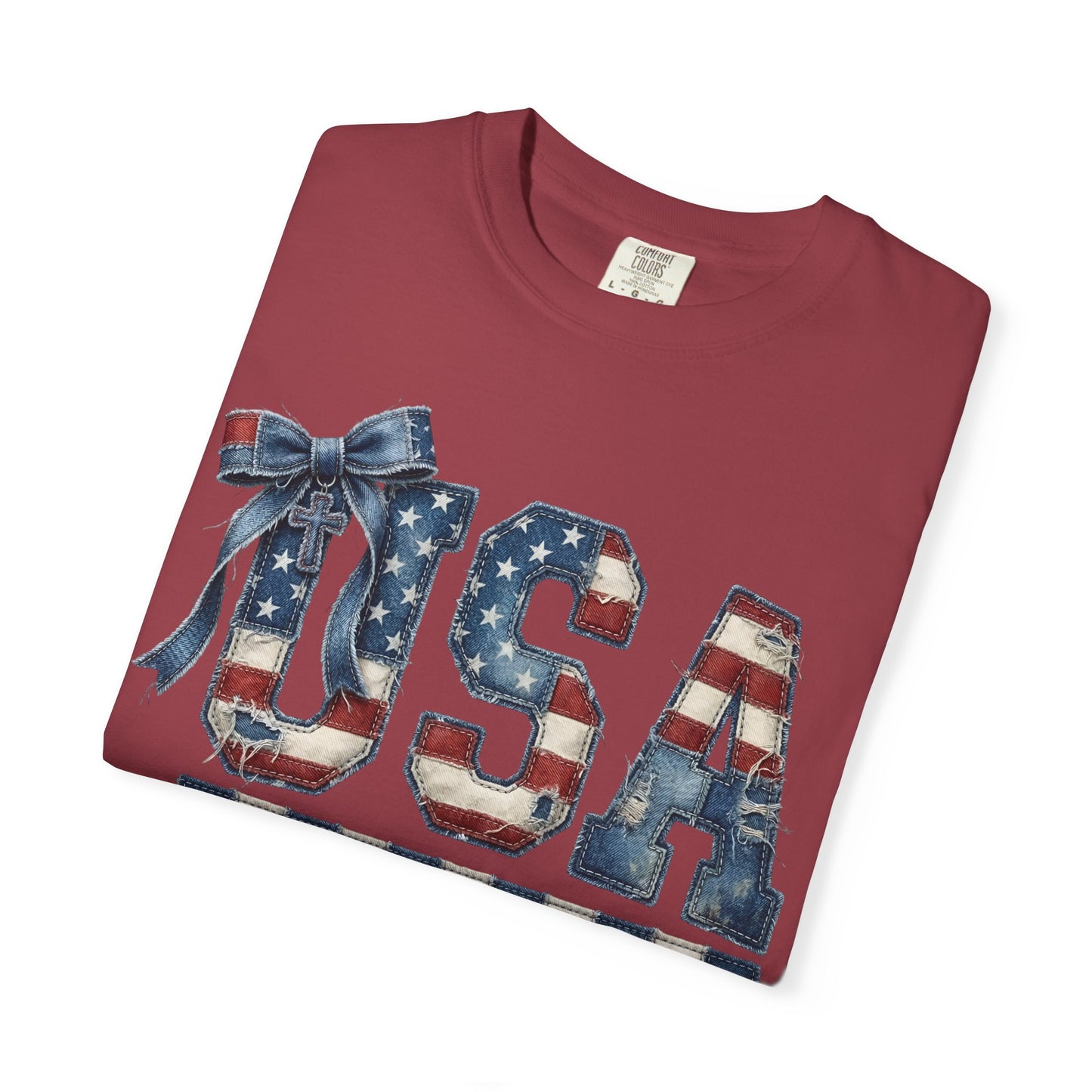 USA Patchwork Denim T-Shirt • Red White Blue Coquette Bow Tee • Americana Graphic Shirt