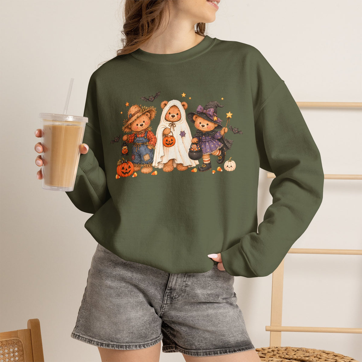 Halloween Teddy Bear Sweatshirt, Cute Trick or Treat Crewneck, Witch Ghost Scarecrow Bears, Spooky Season Fall Sweatshirt