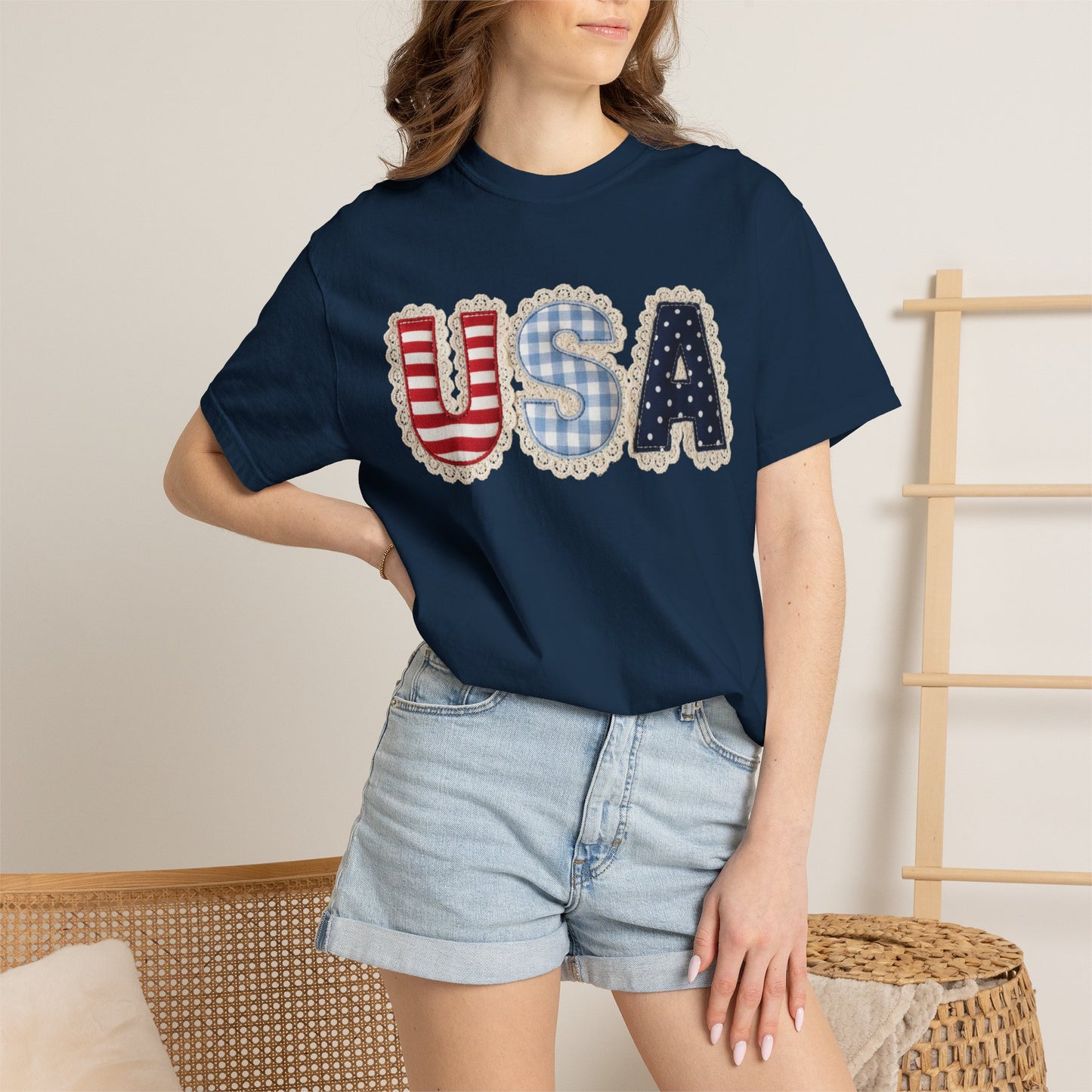 USA Patchwork Shirt • Preppy Patriotic Tee • Coquette Americana Top • Red White Blue Outfit Shirt