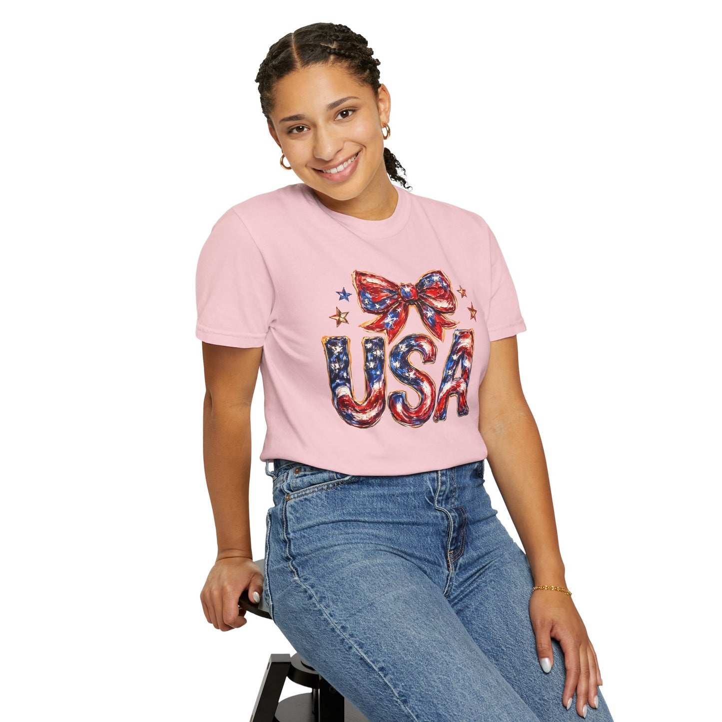 USA Coquette Bow T-Shirt • Red White Blue Patriotic Graphic Tee • Fourth of July Shirt