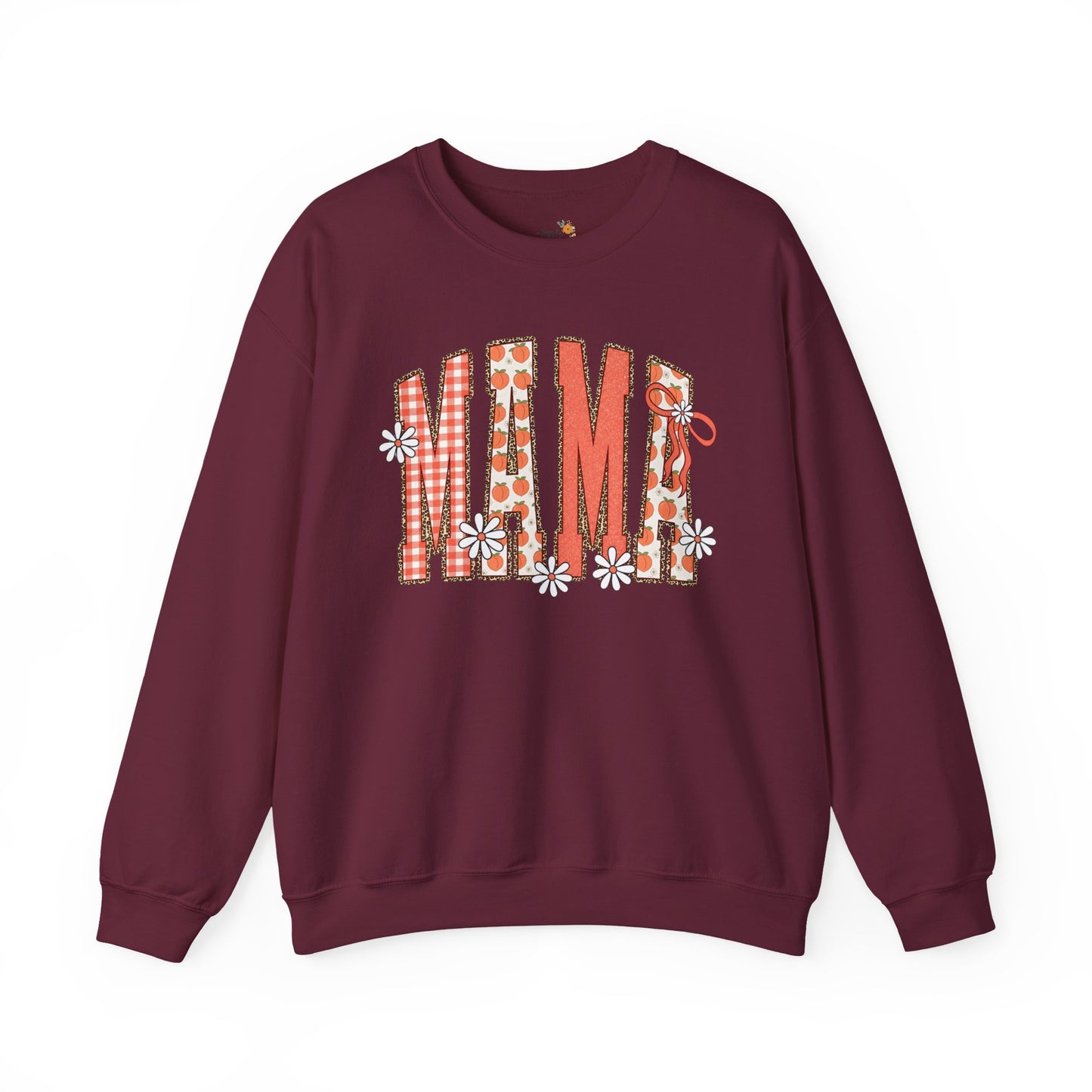 Daisy Peach MAMA Floral Sweatshirt • Spring Graphic Crew • Peach Gingham Mom pullover • Feminine Boutique Everyday Outfit