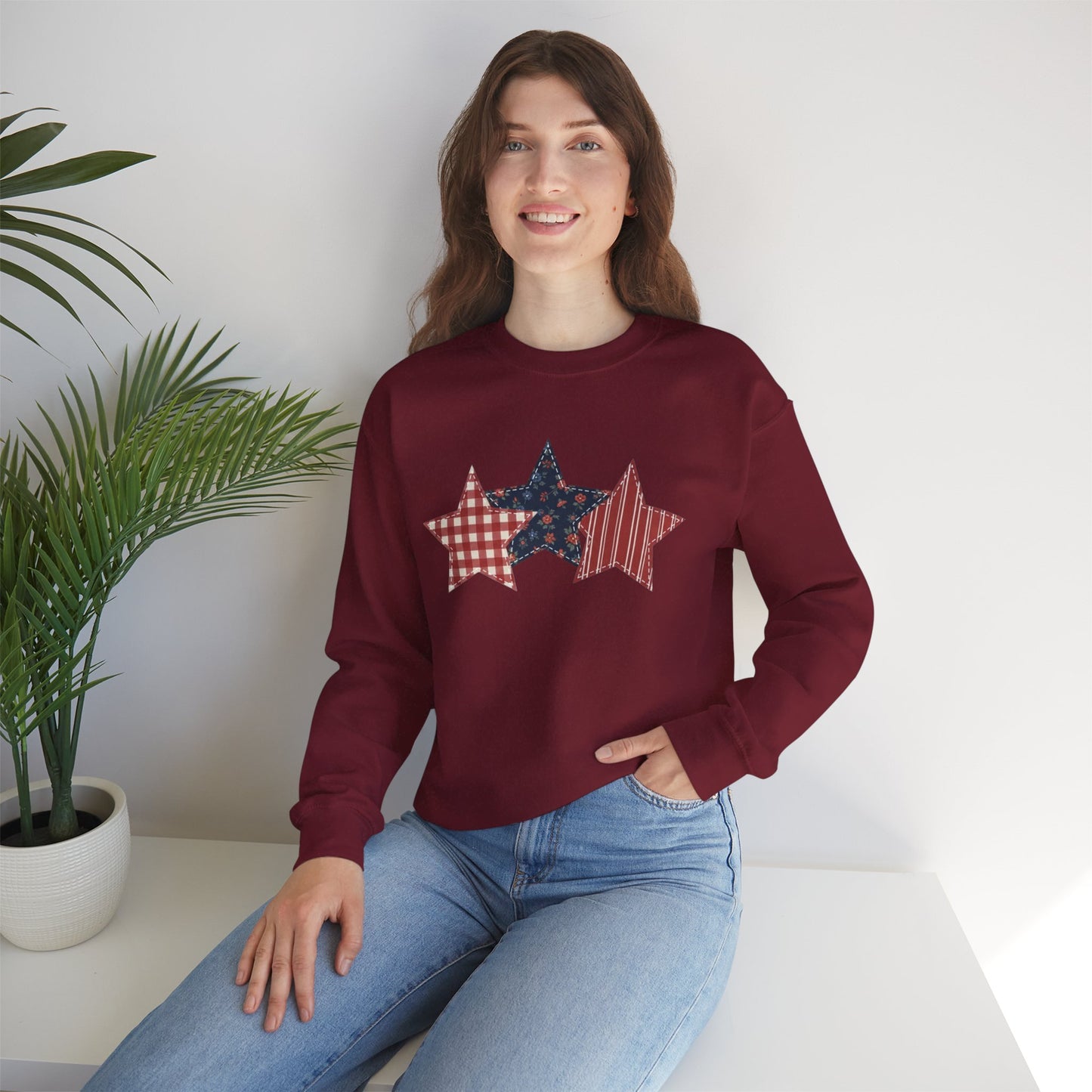 4th of July Patchwork Star Sweatshirt for Summer nights • Floral Gingham Red White Blue USA Crewneck • Patriotic Outfit