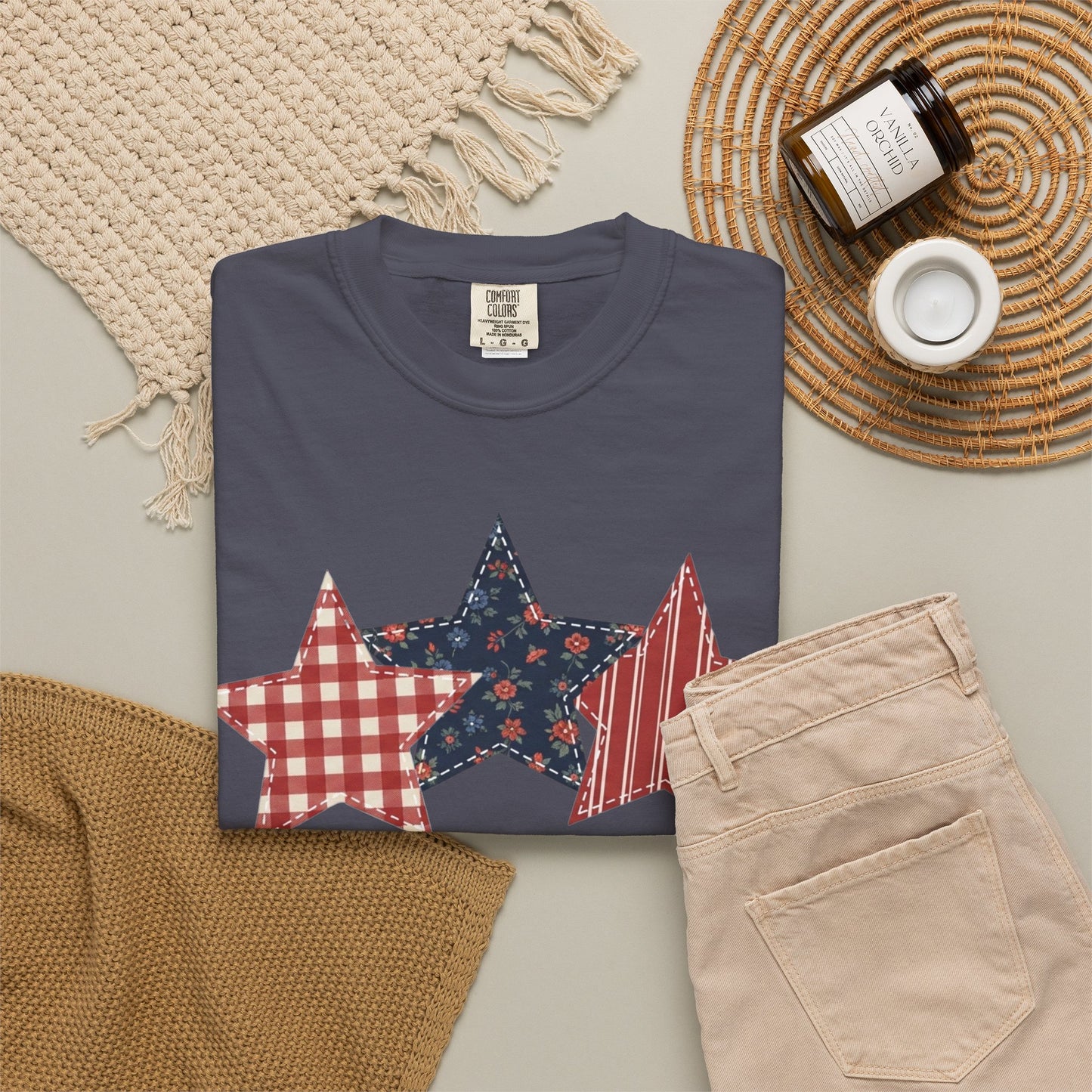 4th of July Patchwork Star T-Shirt for Summer nights • Floral Gingham Red White Blue USA Tee • Patriotic Outfit