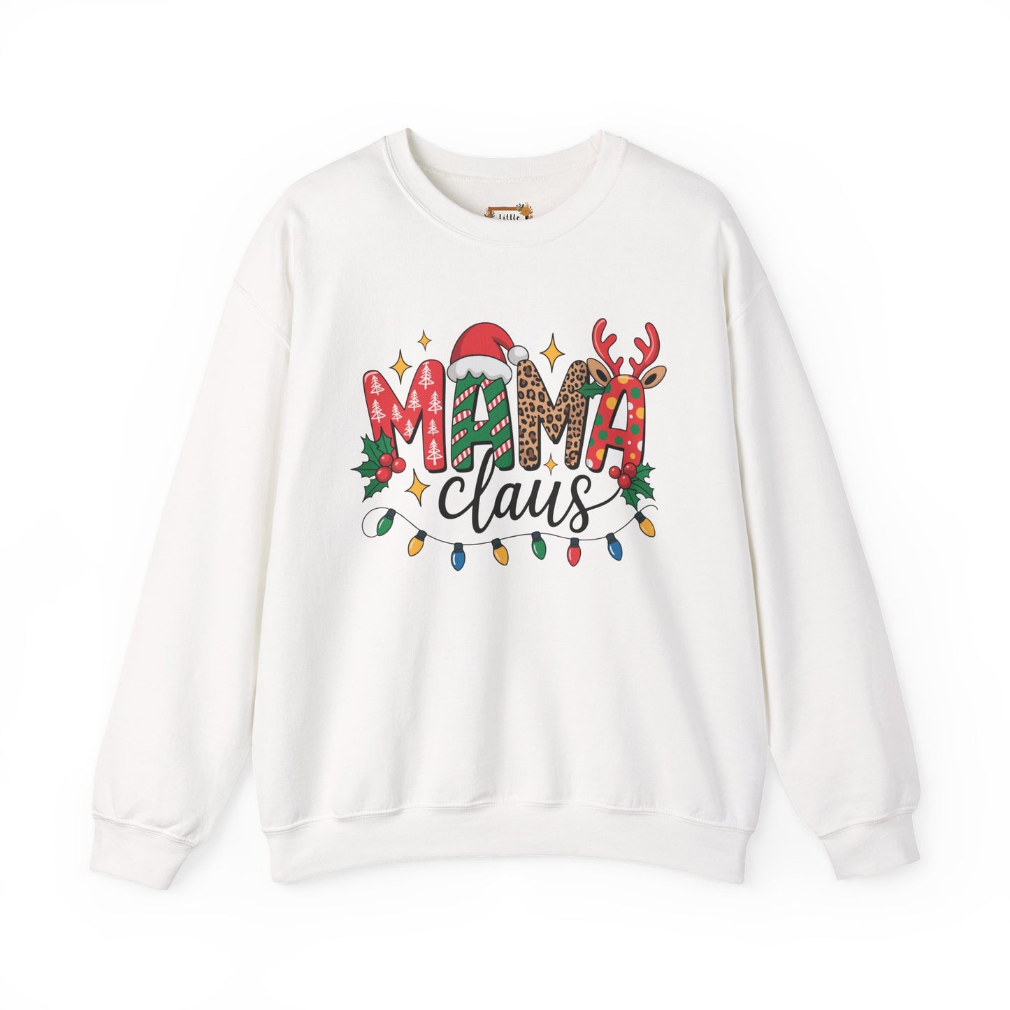 Mama Claus Christmas Sweatshirt | Leopard & Candy Cane Holiday Crewneck | Festive Lights Sweater for Moms | Cute Christmas Outfit