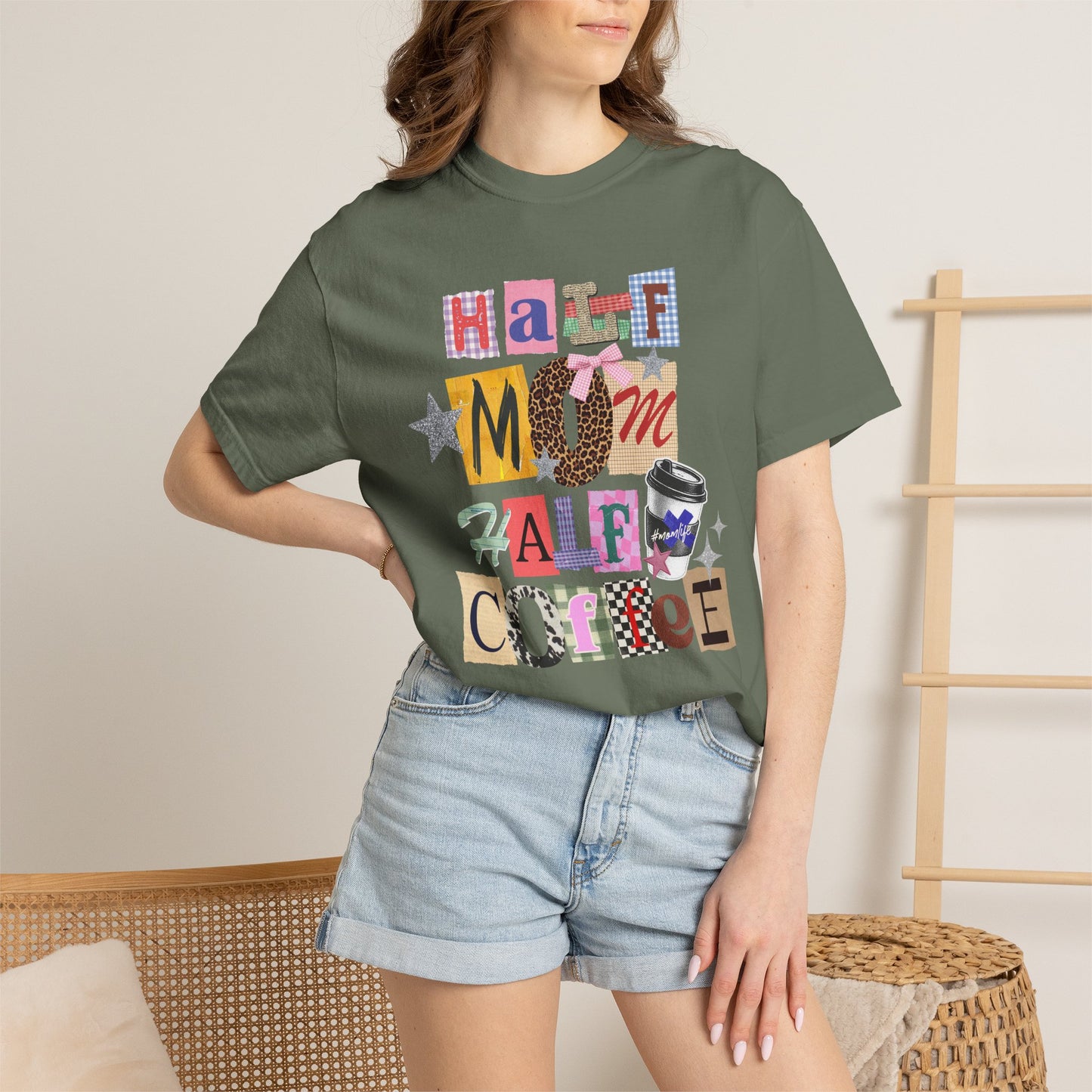 Half Mom Half Coffee Graphic Tee • Funny Mom Shirt Women • Trendy Patchwork Mixed Print Leopard Gingham Tee • Mom Life Shirt