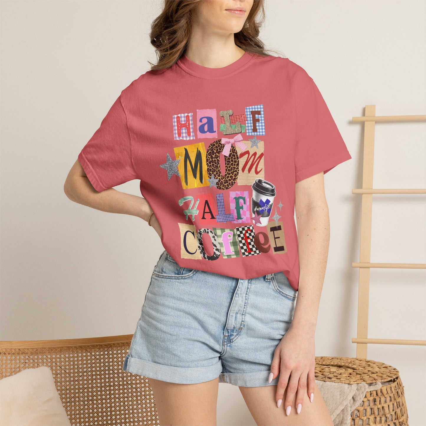 Half Mom Half Coffee Graphic Tee • Funny Mom Shirt Women • Trendy Patchwork Mixed Print Leopard Gingham Tee • Mom Life Shirt