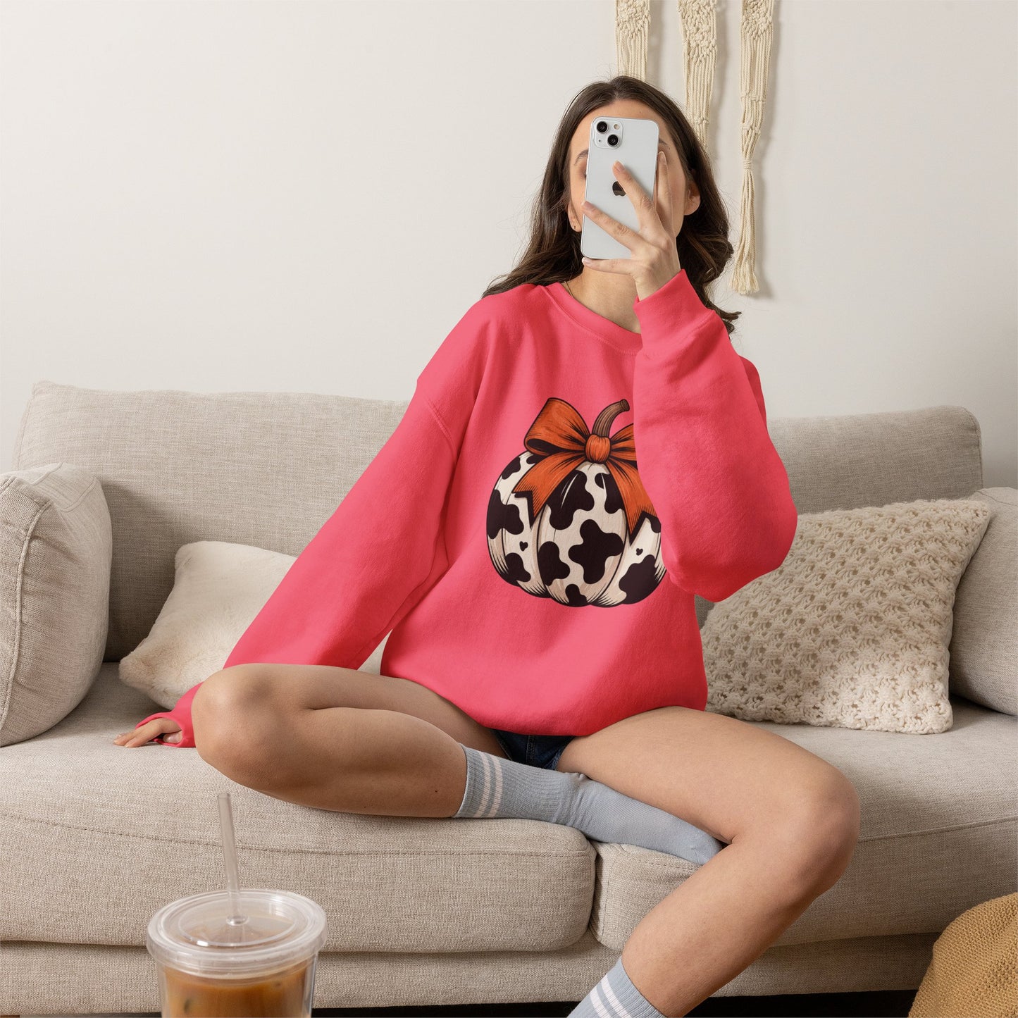 Cow print Pumpkin Sweatshirt — Halloween Fall Crewneck with Orange Bow