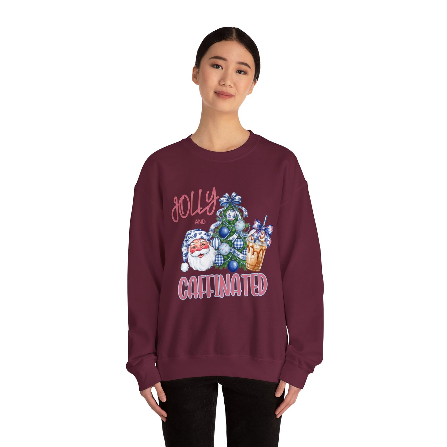Jolly and Caffeinated Sweatshirt - Cozy Holiday Crewneck for Christmas, Winter, Gift, Festive Wear, Comfy Apparel