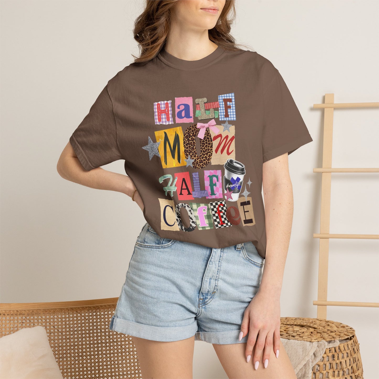 Half Mom Half Coffee Graphic Tee • Funny Mom Shirt Women • Trendy Patchwork Mixed Print Leopard Gingham Tee • Mom Life Shirt