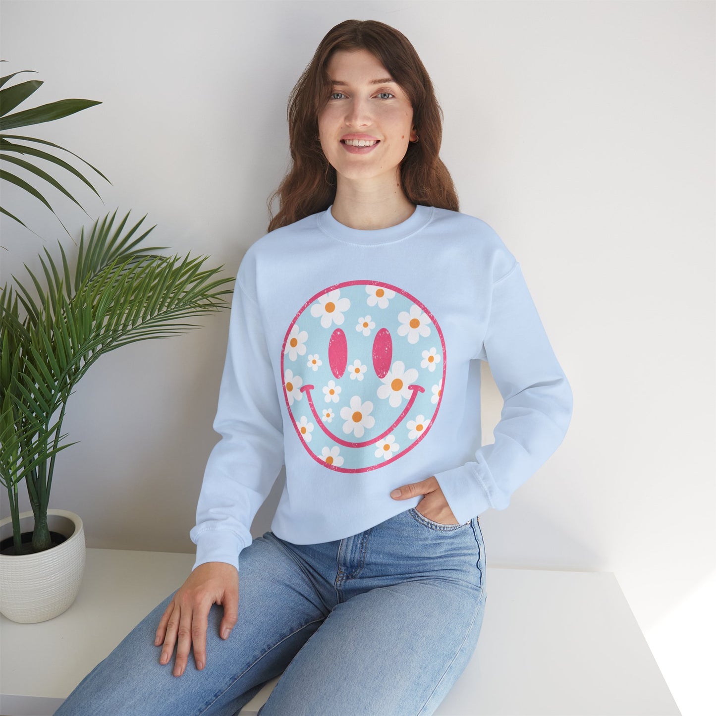Retro Daisy Smile Sweatshirt • Floral Happy Face Crewneck • Cute Mama Cozy Sweatshirt