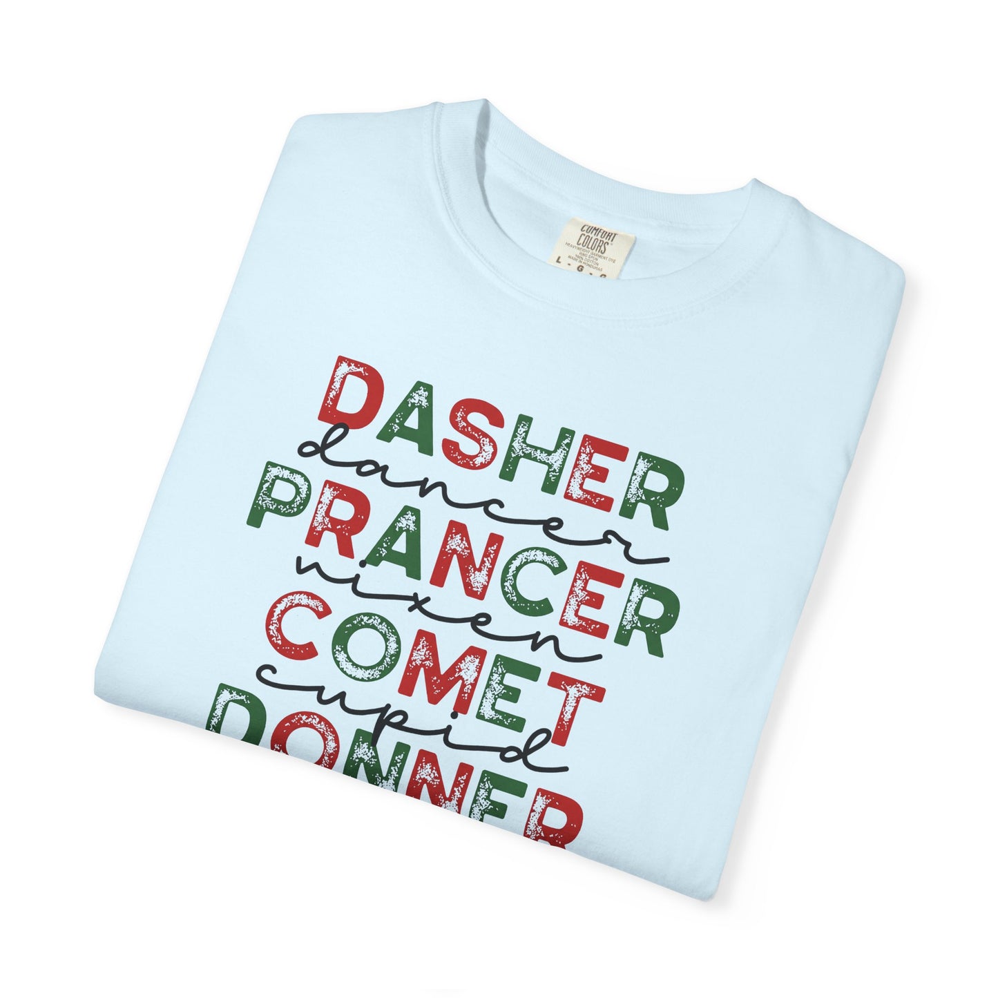 Reindeer Names Christmas T-Shirt — Dasher, Dancer, Prancer, Vixen, Comet, Cupid, Donner, Rudolph