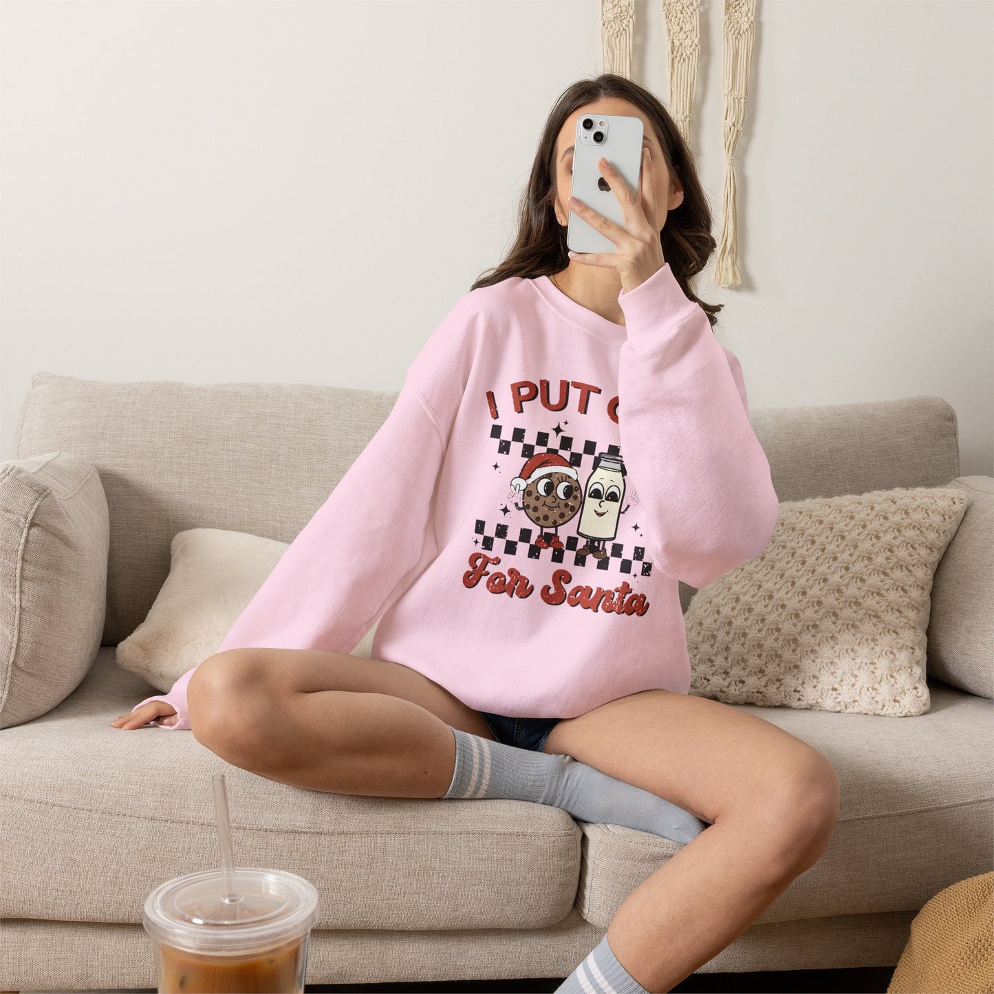 "I Put Out For Santa" Sweatshirt Christmas Cookie & Milk Holiday Sweater