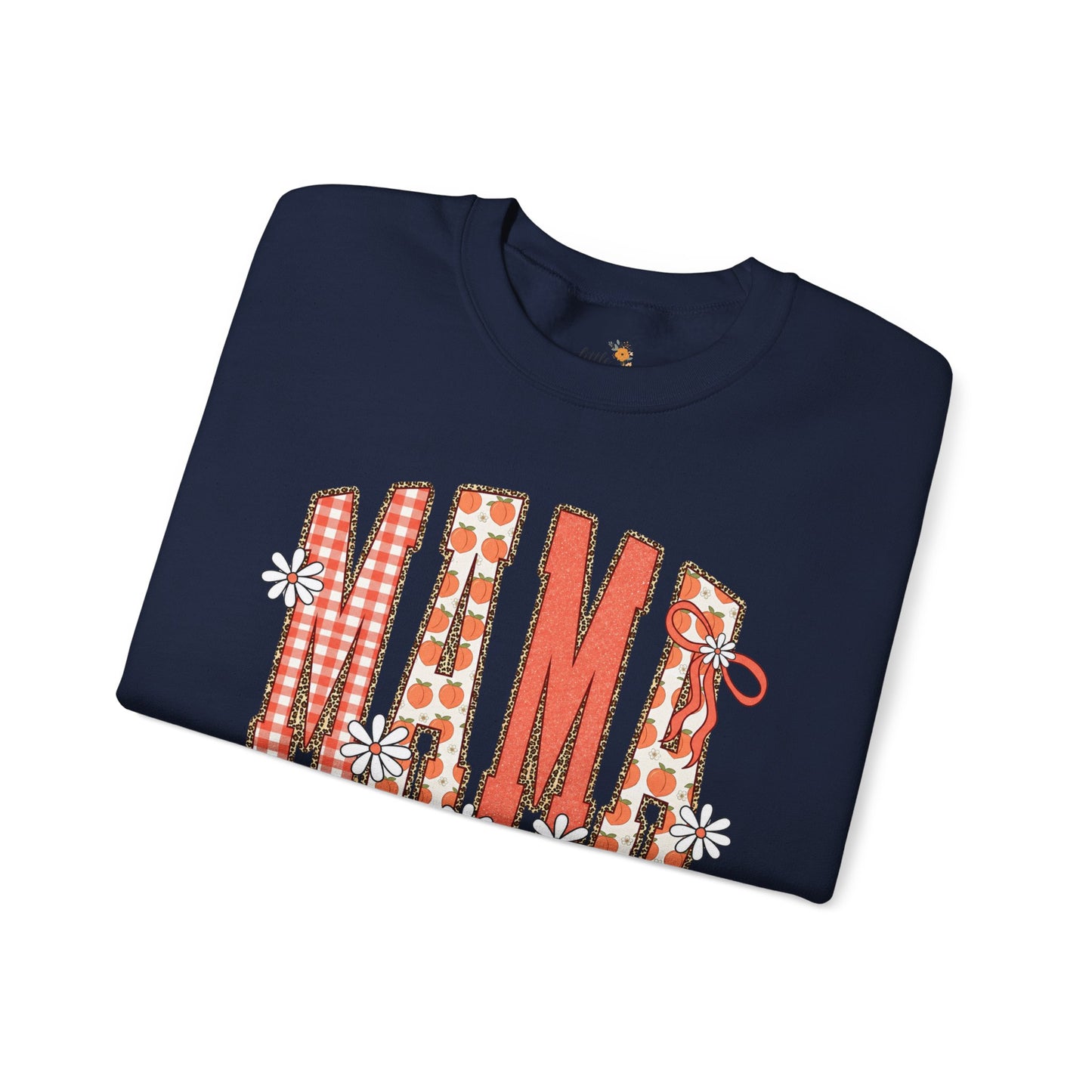 Daisy Peach MAMA Floral Sweatshirt • Spring Graphic Crew • Peach Gingham Mom pullover • Feminine Boutique Everyday Outfit