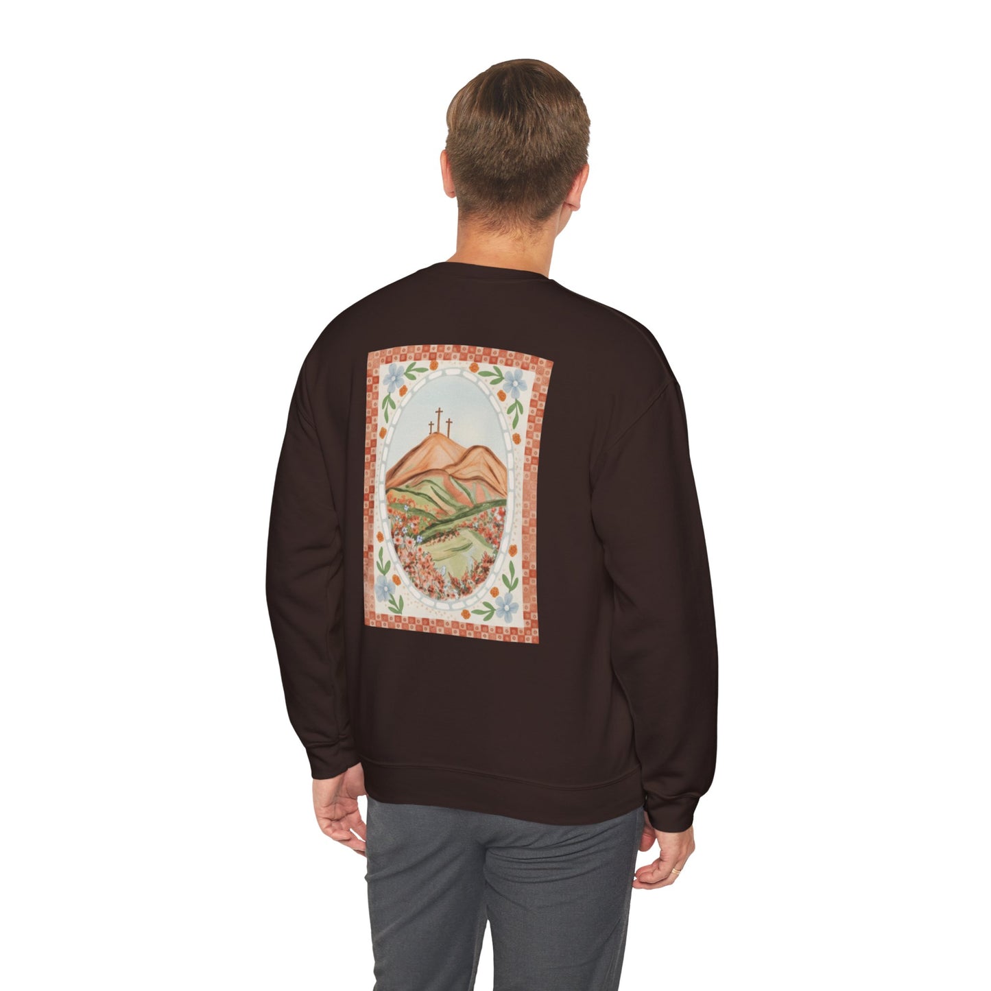 Easter Landscape Faith Sweatshirt (Front & Back) • Christian Mountain Cross Crewneck • Floral Resurrection Scene Graphic