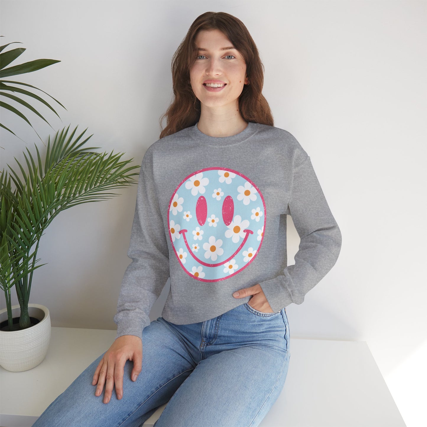 Retro Daisy Smile Sweatshirt • Floral Happy Face Crewneck • Cute Mama Cozy Sweatshirt