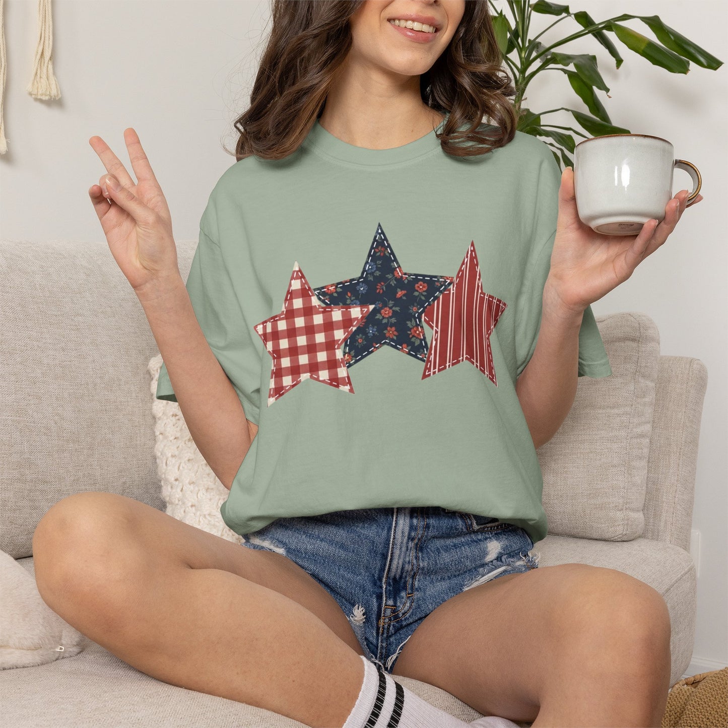 4th of July Patchwork Star T-Shirt for Summer nights • Floral Gingham Red White Blue USA Tee • Patriotic Outfit