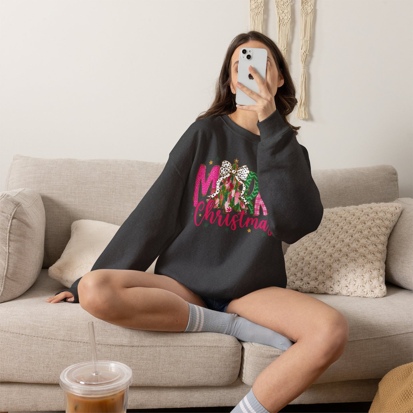 Christmas Crewneck Sweatshirt — 'Merry Christmas' Pink & Green Tree Design