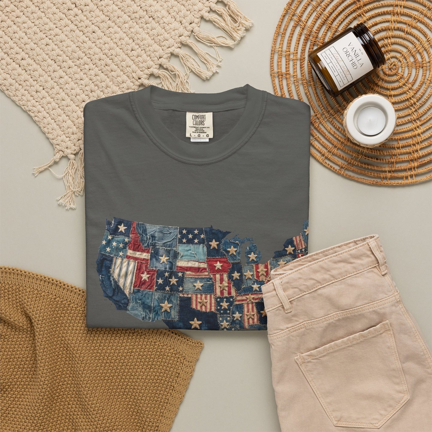 Denim American Flag T-Shirt • USA Patchwork Map Tee • Patriotic Vintage Stars Graphic Shirt