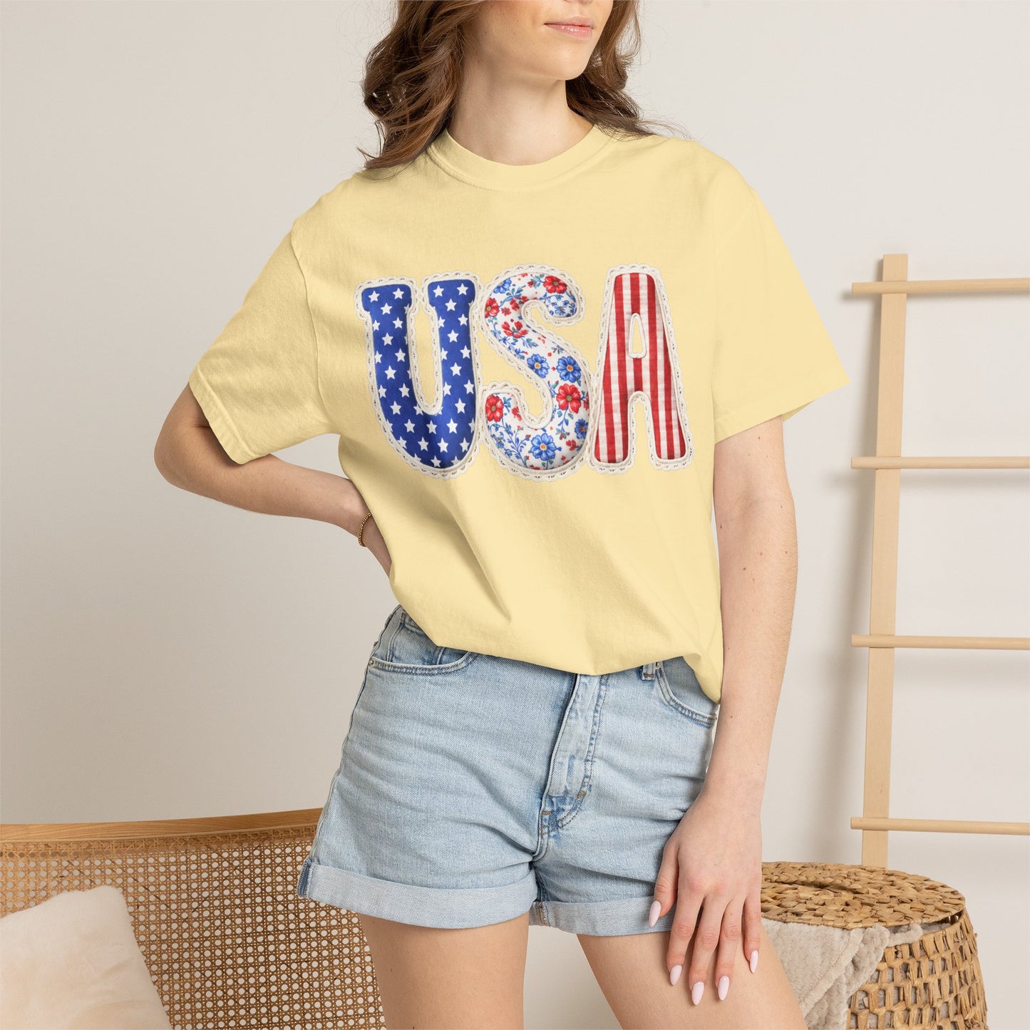 Floral Patchwork USA Shirt • Preppy Patriotic Tee • Vintage Americana Gingham Shirt • 4th of July Mom Outfit