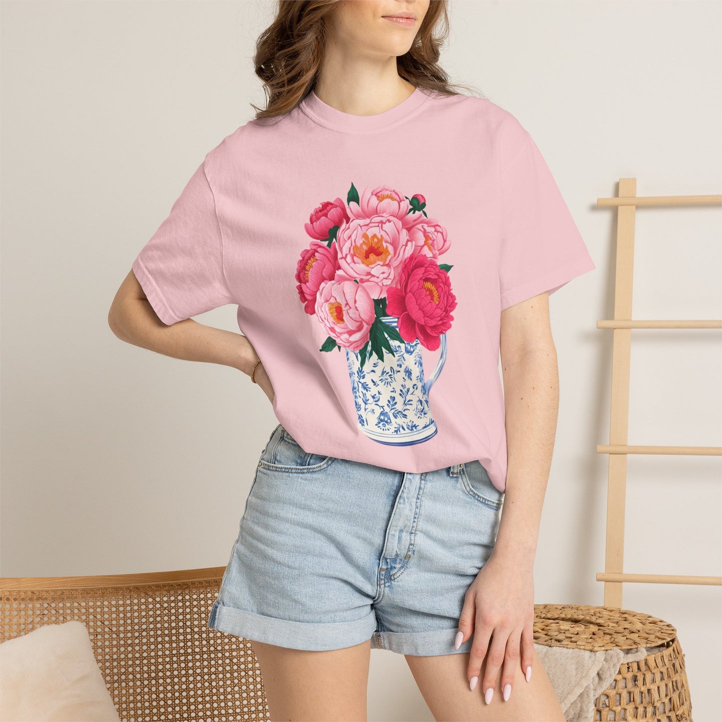 Peony Bouquet T-Shirt — Pink Peony in Vintage White & Blue Floral Vase