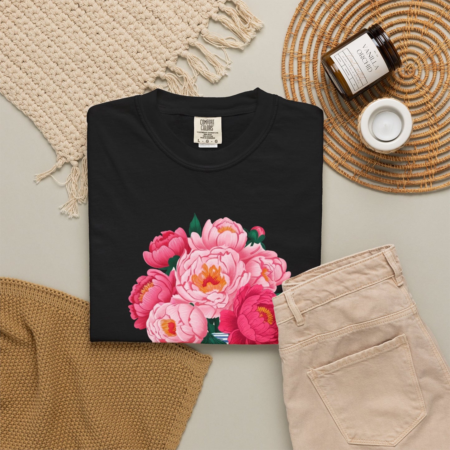 Peony Bouquet T-Shirt — Pink Peony in Vintage White & Blue Floral Vase