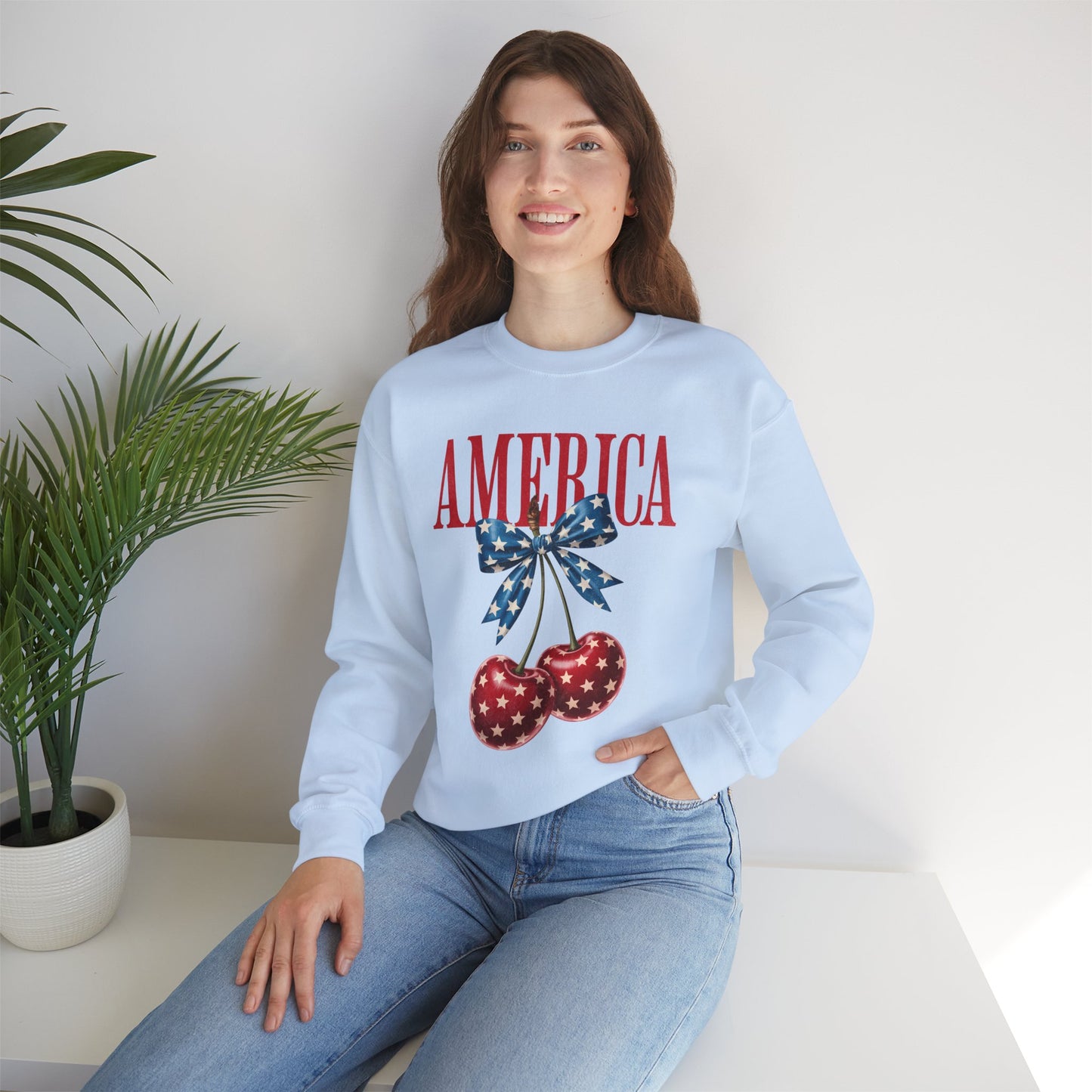 America Cherry Bow Sweatshirt • 4th of July Coquette Crewneck • Red White Blue Graphic shirt