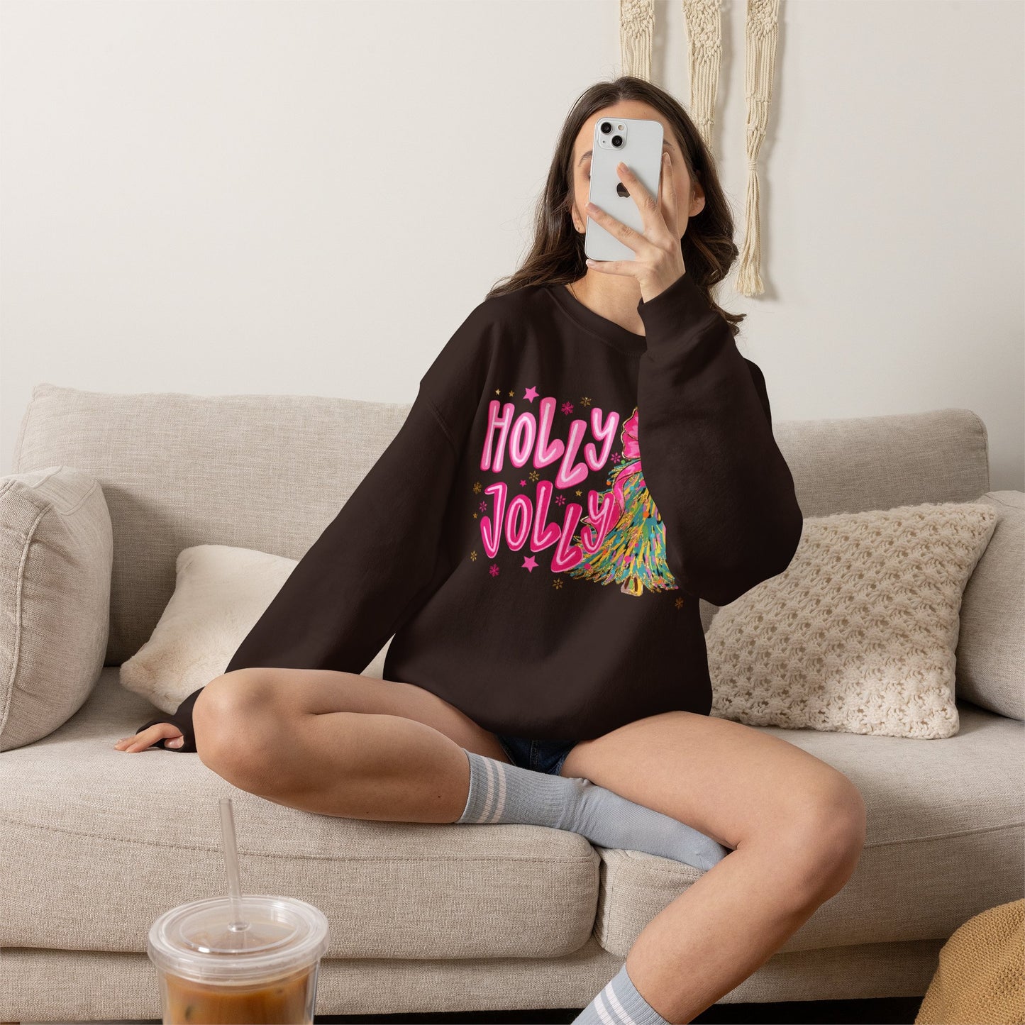 Holly Jolly Pink Christmas Tree Crewneck Sweatshirt