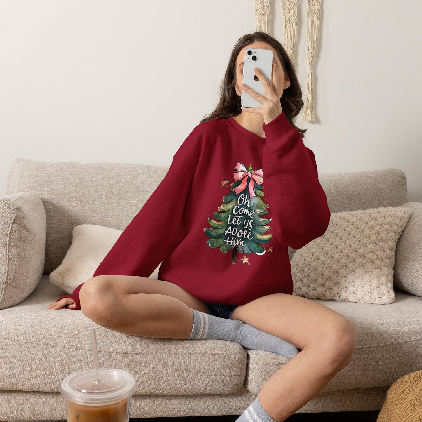 Christmas Tree Sweatshirt — "Oh Come Let Us Adore Him" Holiday Crewneck
