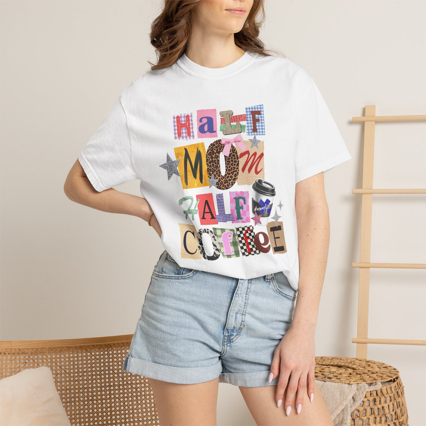 Half Mom Half Coffee Graphic Tee • Funny Mom Shirt Women • Trendy Patchwork Mixed Print Leopard Gingham Tee • Mom Life Shirt
