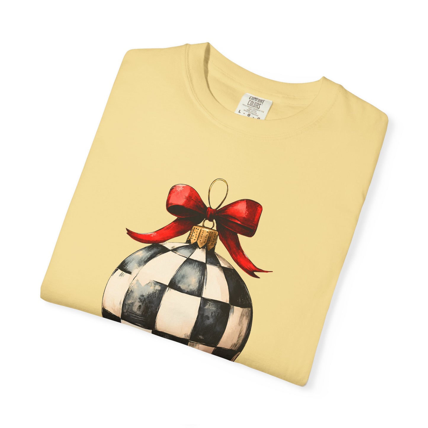 Checkerboard Ornament T-Shirt — Holiday Ball with Red Bow