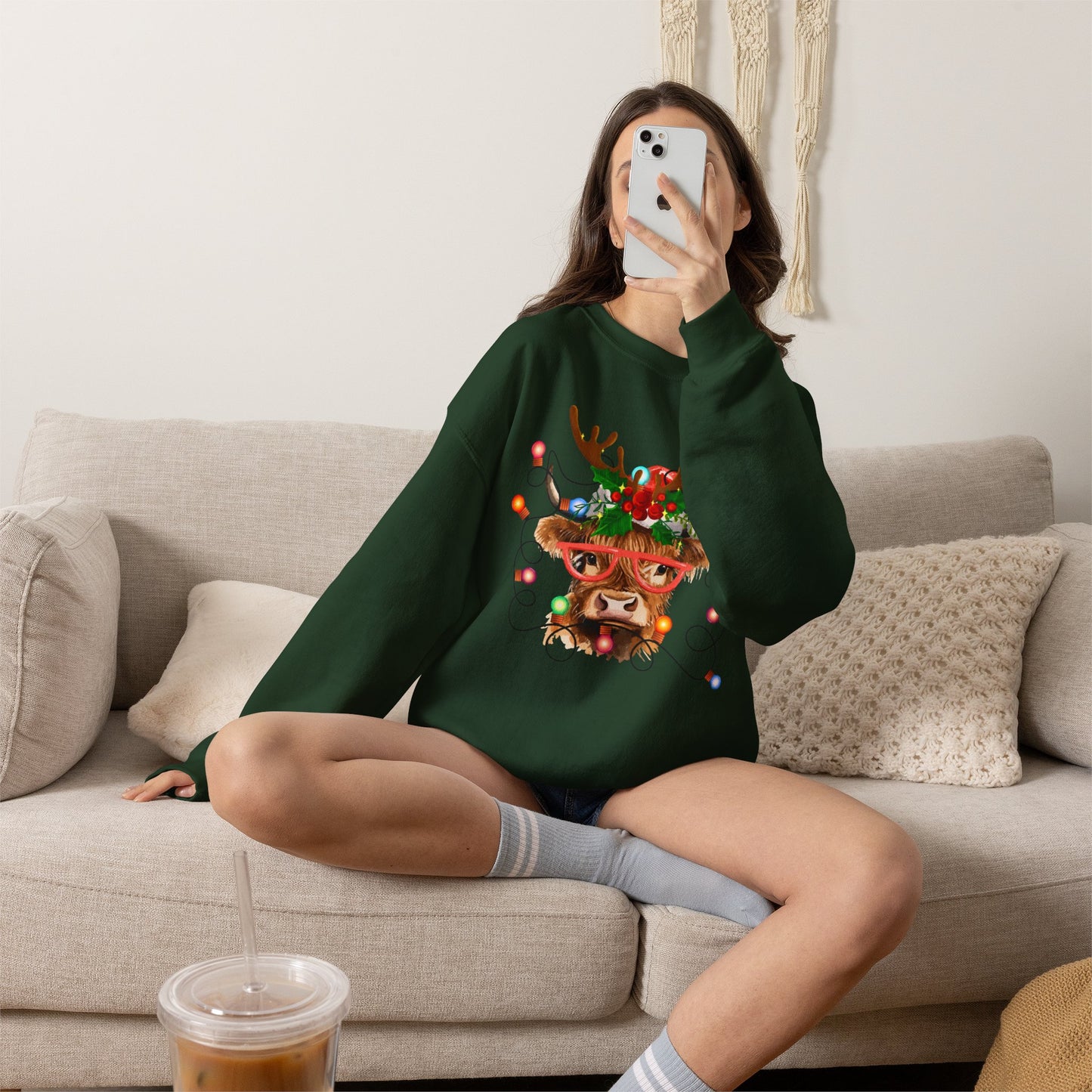 Christmas Highland Cow Crewneck Reindeer Sweatshirt – Festive Holiday Lights Design