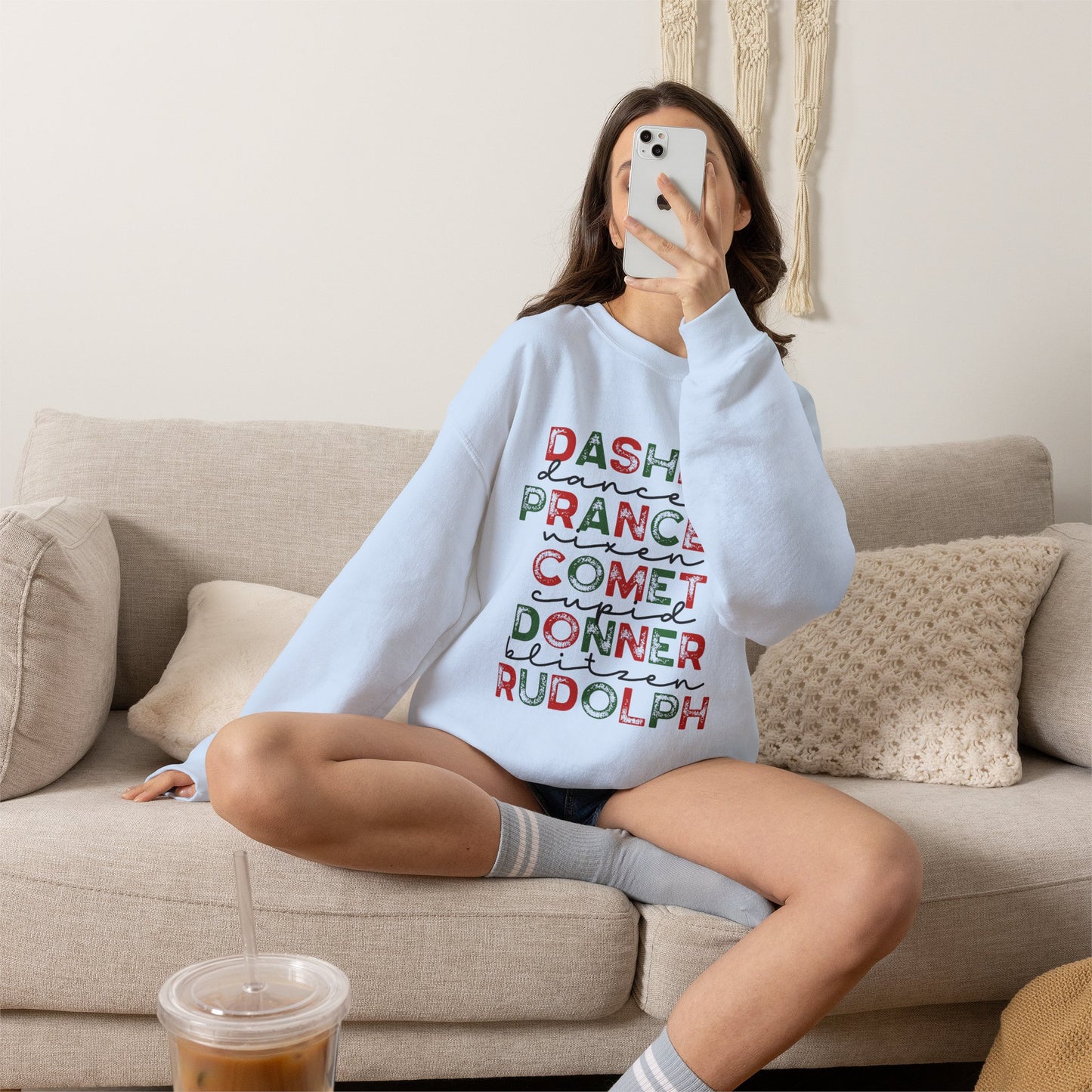 Christmas Reindeer Names Crewneck Sweatshirt — Dasher, Dancer, Prancer, Comet, Donner, Blitzen, Rudolph