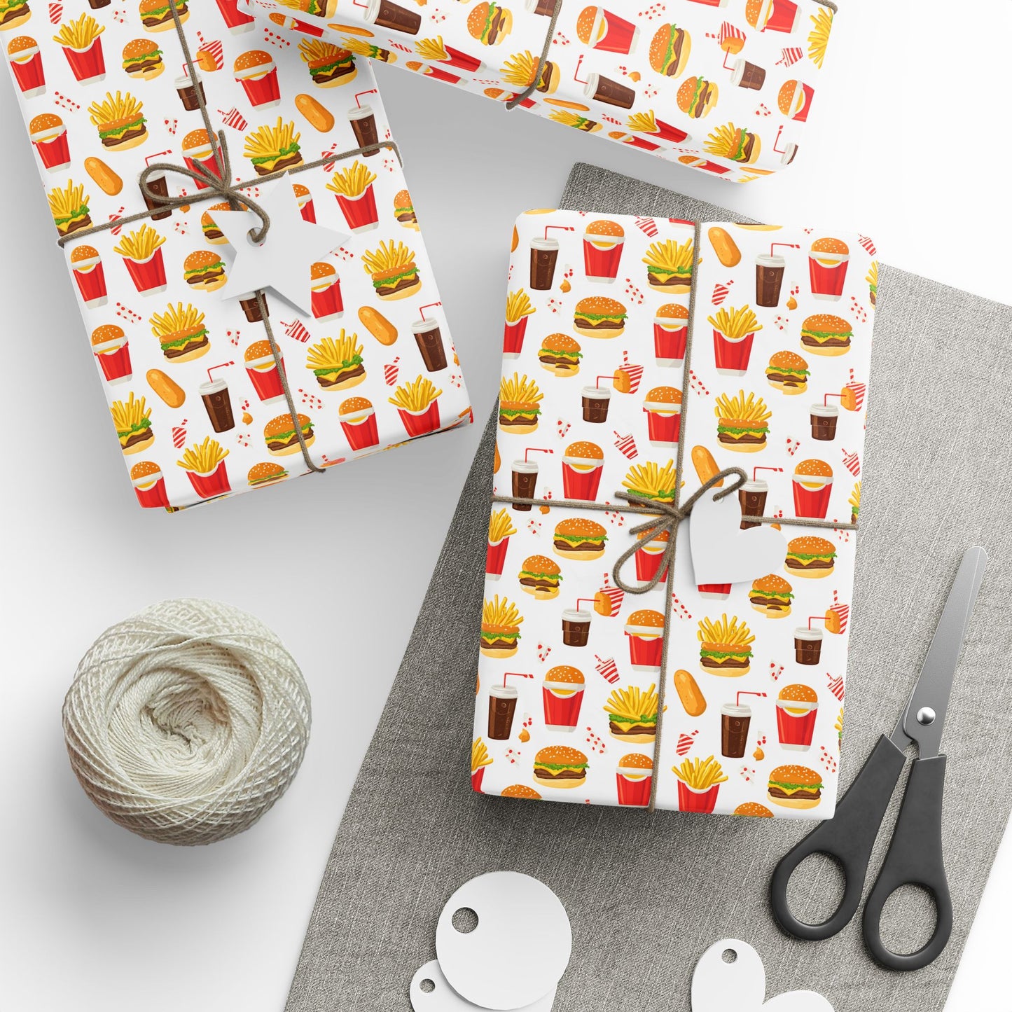 Fast Food Wrapping Paper | Retro Burger Fries Soda Pattern | Red Yellow Diner Print | Fun Gift Wrap for Food Lovers