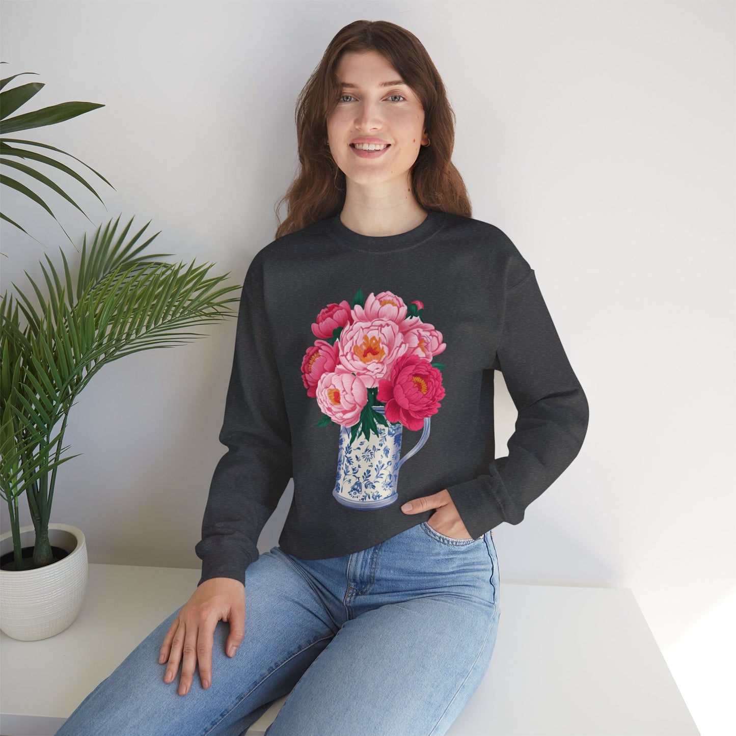 Pink Peonies in Blue Vintage Vase Floral Sweatshirt • Cottagecore Garden Bouquet Crewneck • Botanical Apparel