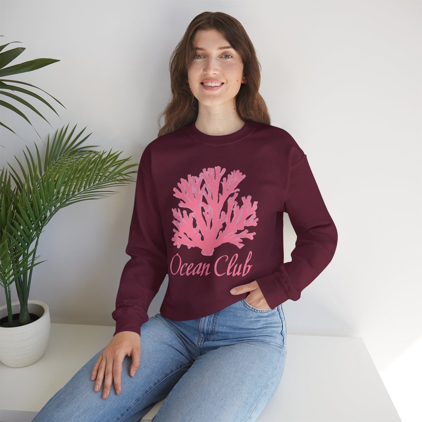 Ocean Club Crewneck • Coastal Summer Sweatshirt • Pink Coral Beach Vacation Pullover • Resort Style