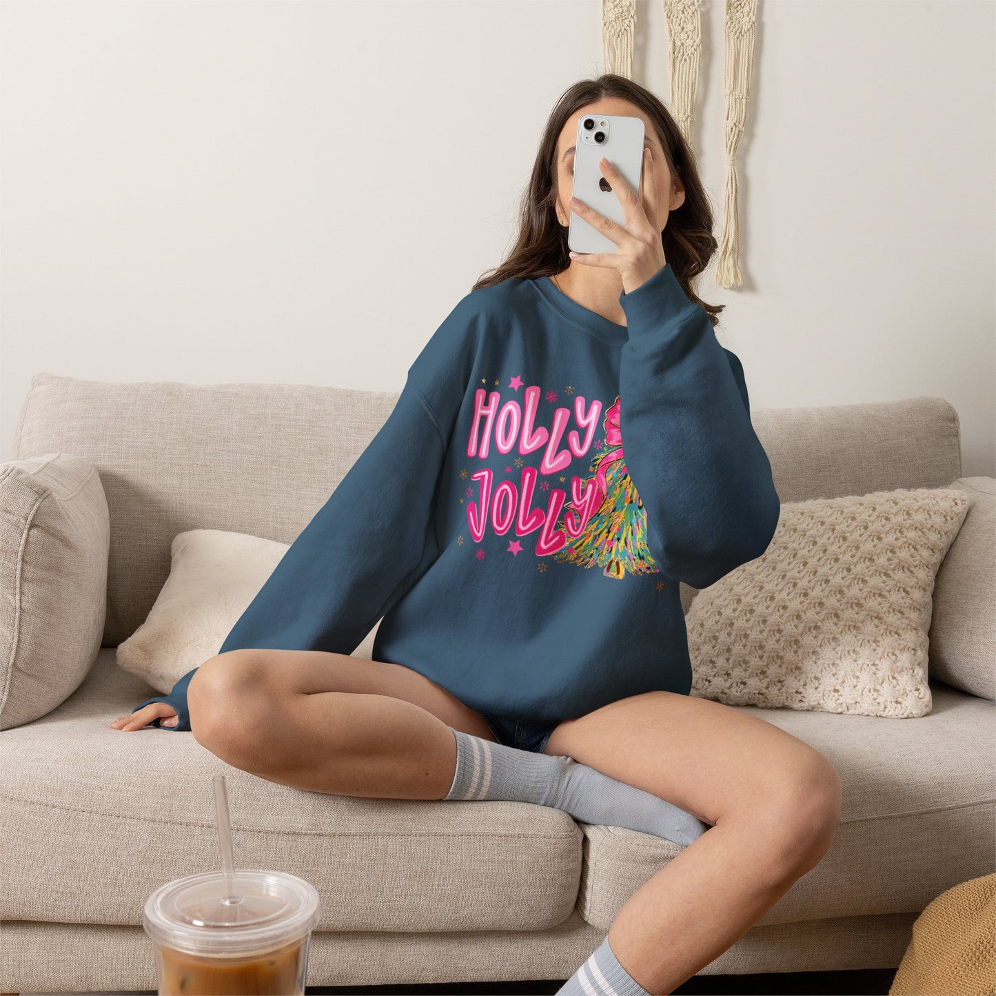 Holly Jolly Pink Christmas Tree Crewneck Sweatshirt