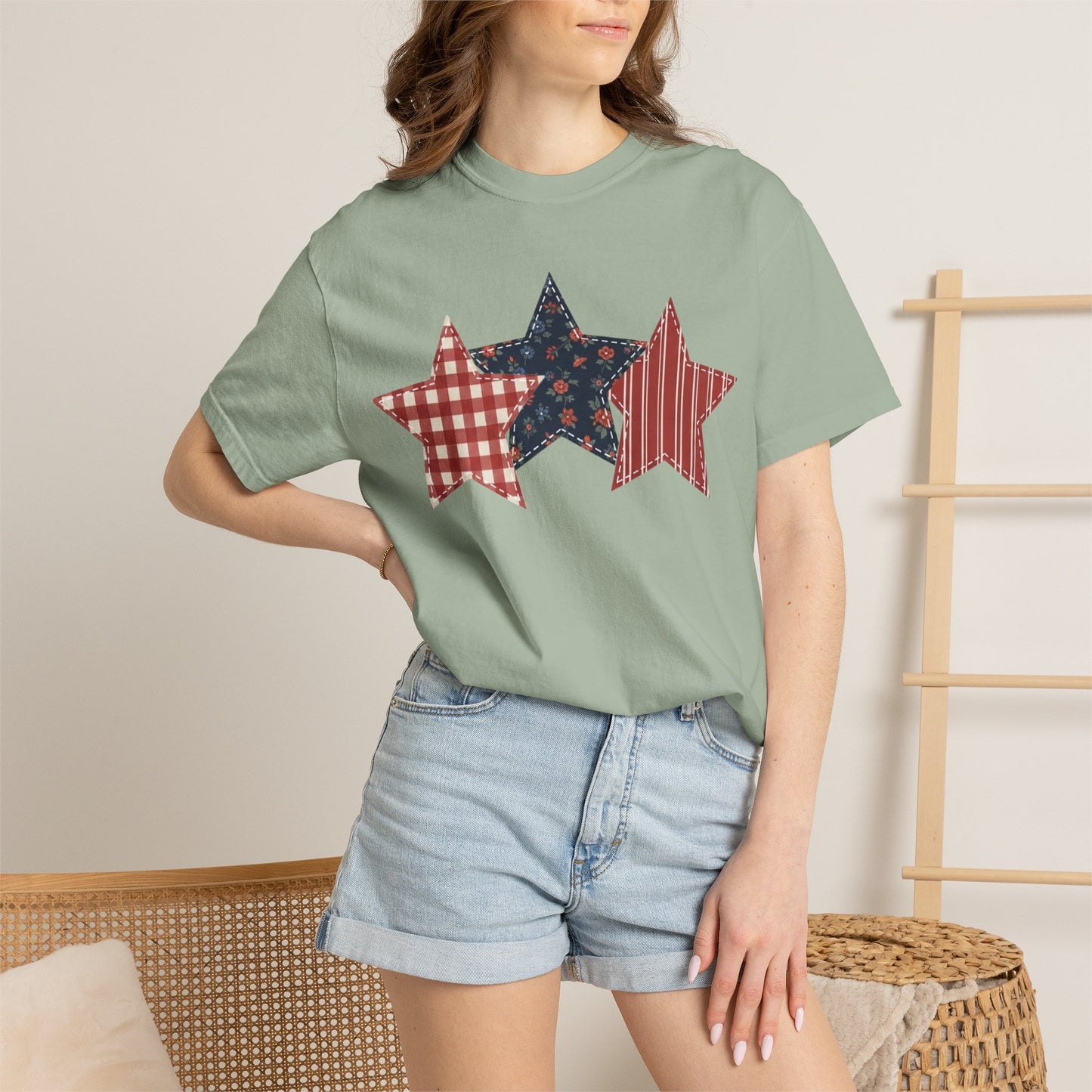 4th of July Patchwork Star T-Shirt for Summer nights • Floral Gingham Red White Blue USA Tee • Patriotic Outfit