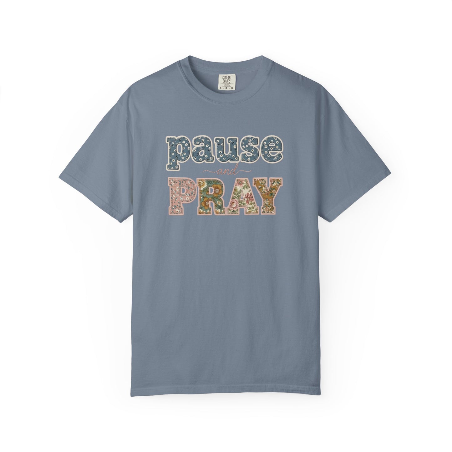 Pause and Pray Feux Patchwork Floral Scripture Tshirt • Vintage Cottagecore Christian Apparel for Women • Feminine Faith Aesthetic Tee
