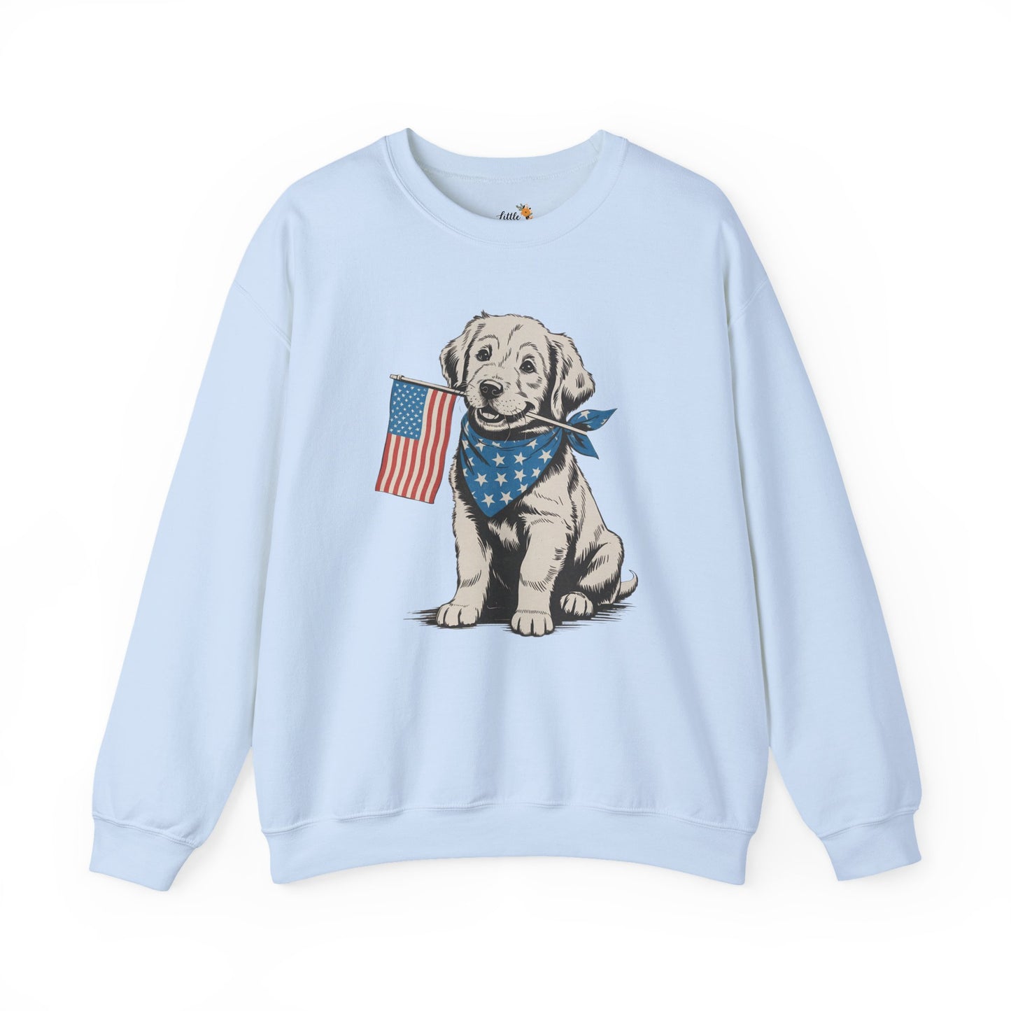 4th of July Patriotic Dog Puppy Crewneck • Americana Dog Lover Graphic sweatshirt • Red White Blue Flag