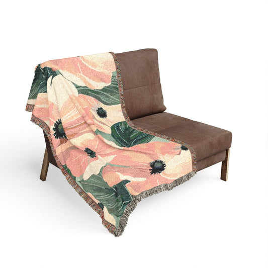 Floral Woven Blanket — Vintage Pink & Green Botanical Throw