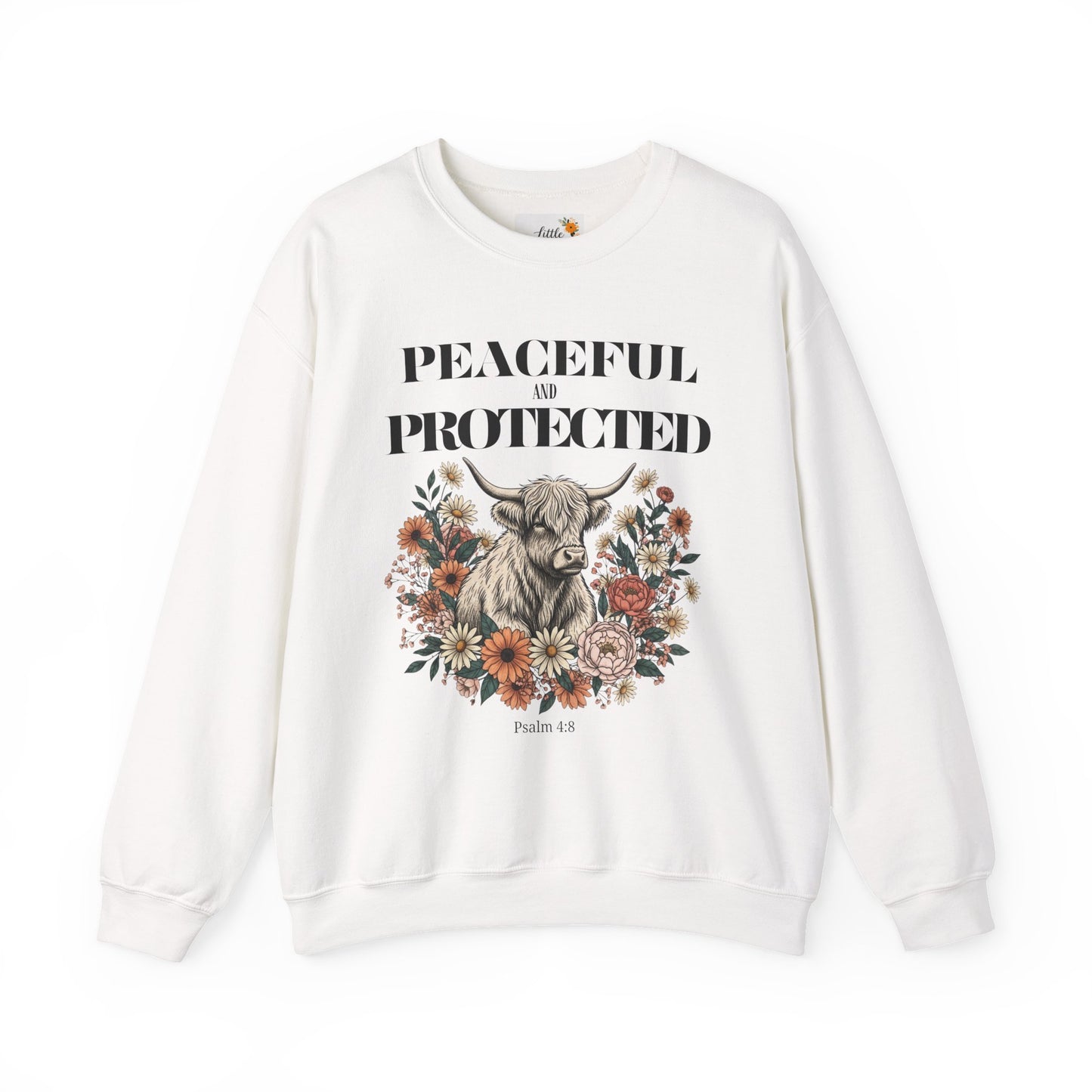 Peaceful and Protected Highland Cow Floral Sweatshirt • Psalm 4:8 Christian Crewneck • Western Cow Faith Graphic