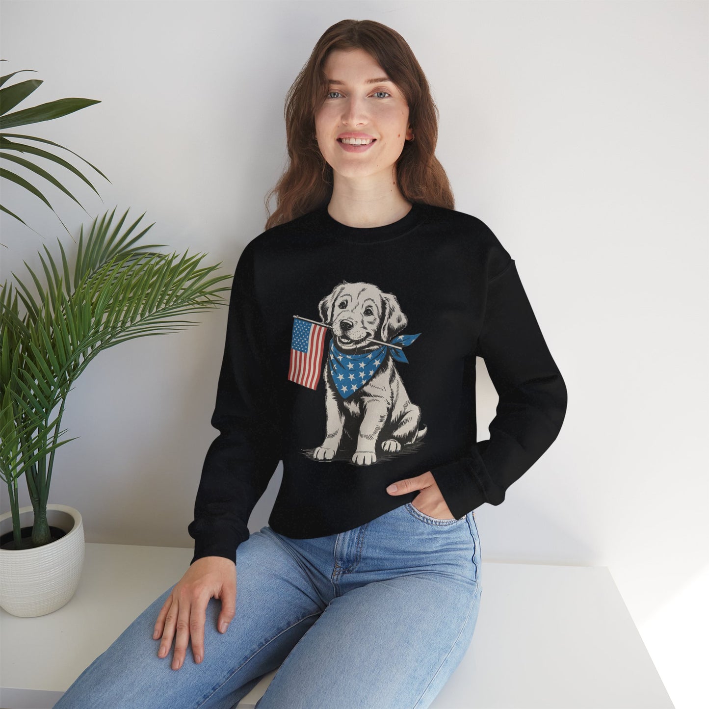 4th of July Patriotic Dog Puppy Crewneck • Americana Dog Lover Graphic sweatshirt • Red White Blue Flag