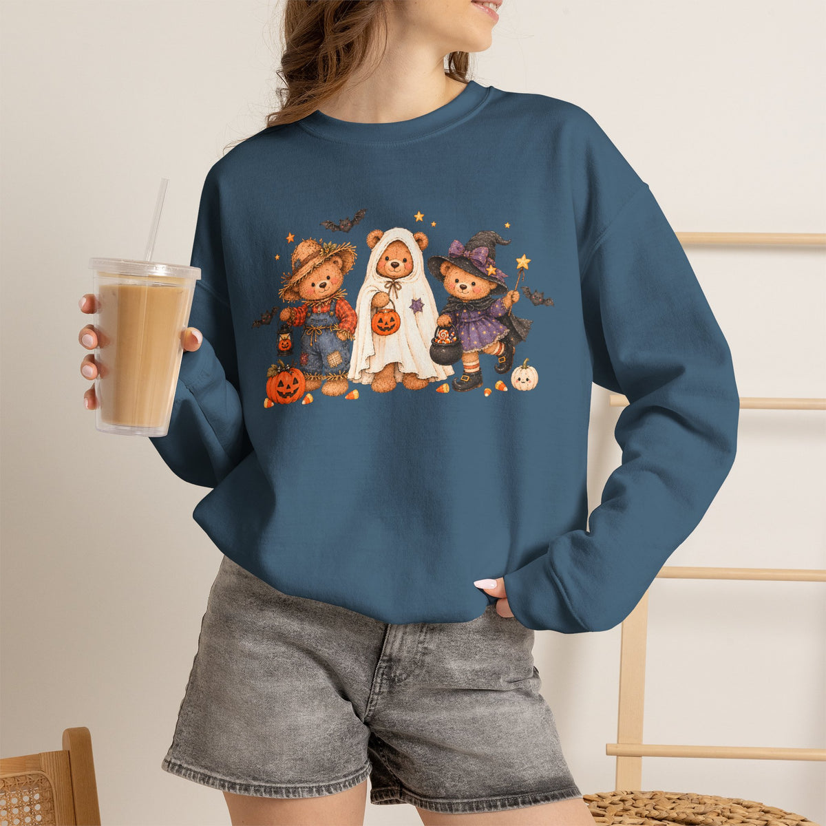 Halloween Teddy Bear Sweatshirt, Cute Trick or Treat Crewneck, Witch Ghost Scarecrow Bears, Spooky Season Fall Sweatshirt