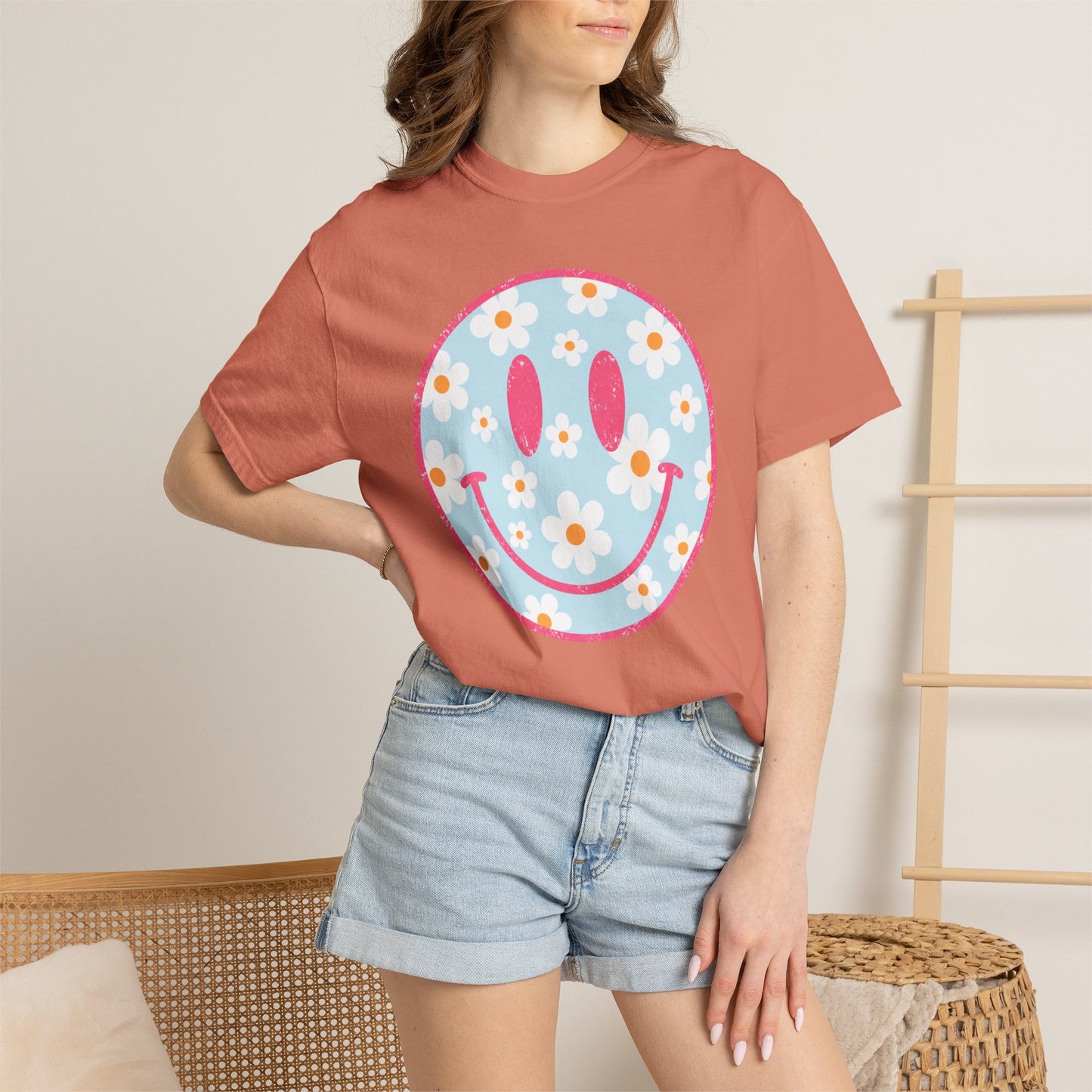 Pink Daisy Smiley Face Tee • Retro Floral Happy Face Shirt • Boutique Mama Graphic Tee
