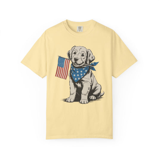 4th of July Patriotic Dog Puppy Tee • Americana Dog Lover Graphic • Red White Blue Flag Shirt