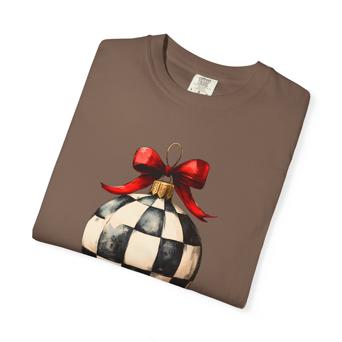 Checkerboard Ornament T-Shirt — Holiday Ball with Red Bow