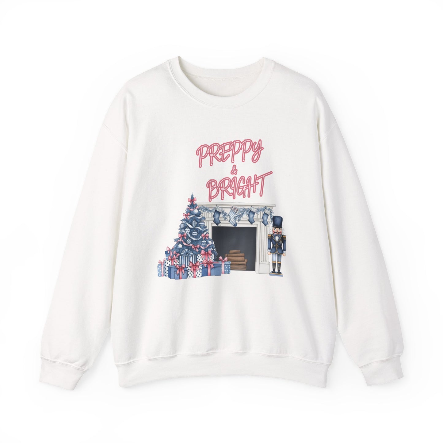 Preppy & Bright Christmas Sweatshirt | Blue Pink Holiday Crewneck with Nutcracker, Tree & Fireplace | Cozy Unisex Festive Winter Sweater